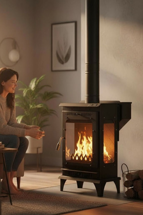 DT DEFNE TASARIM Odun Pelet Sobası Pelet Şömine 3 Tarafı Camlı Paslanmaz Krom...