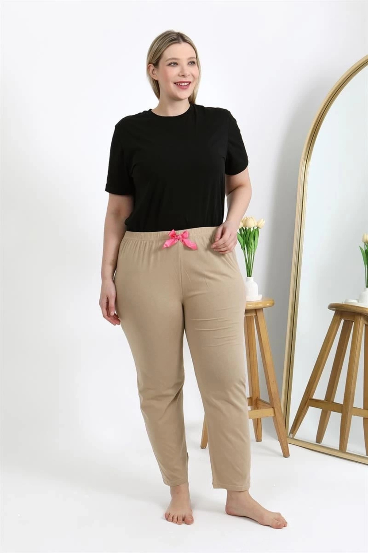 mtm My The Mall Kadın Pamuklu Büyük Beden Alt Pijama Bej