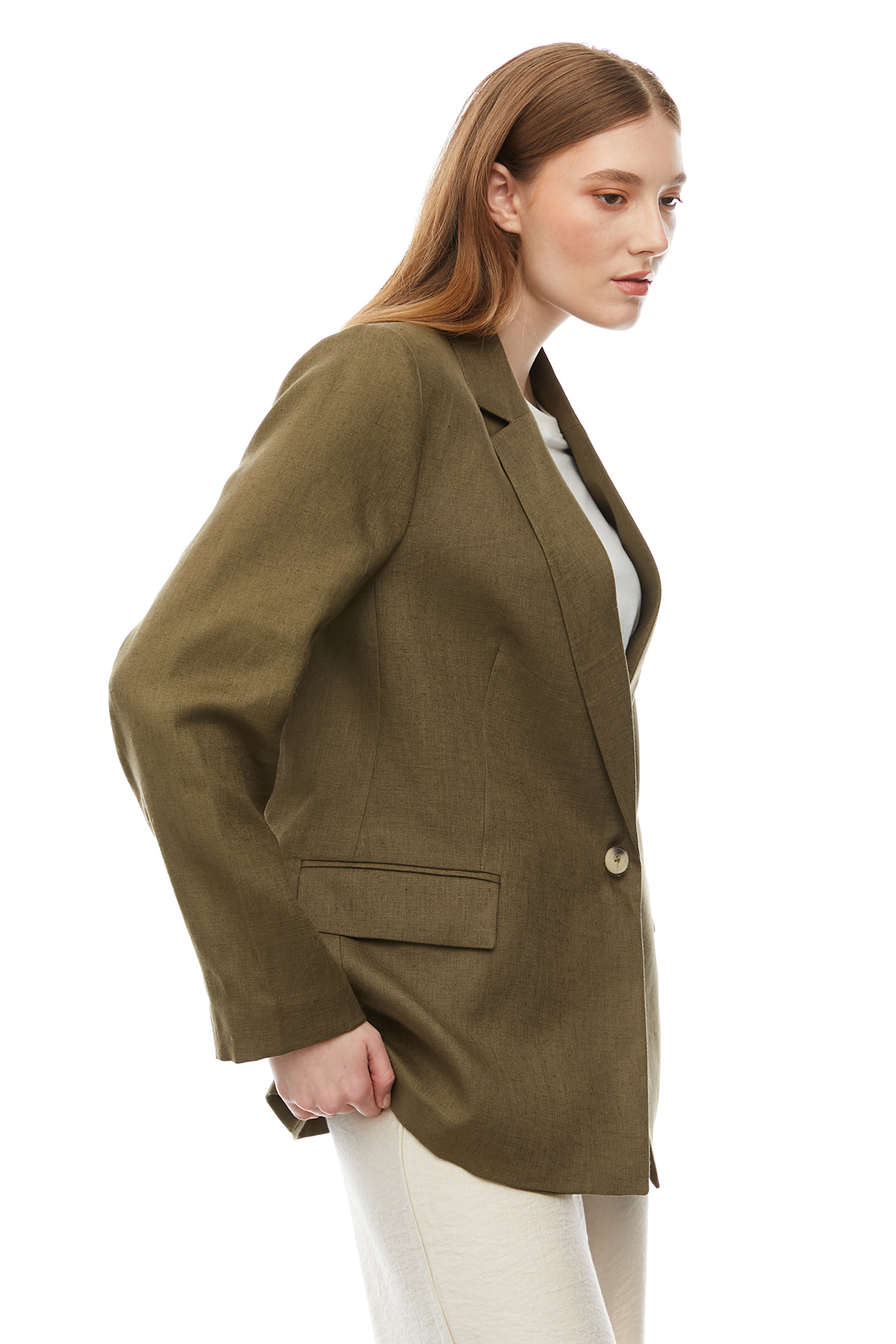 PAULMARK  Kadın Tek Düğmeli Keten Ceket - Görsel 6