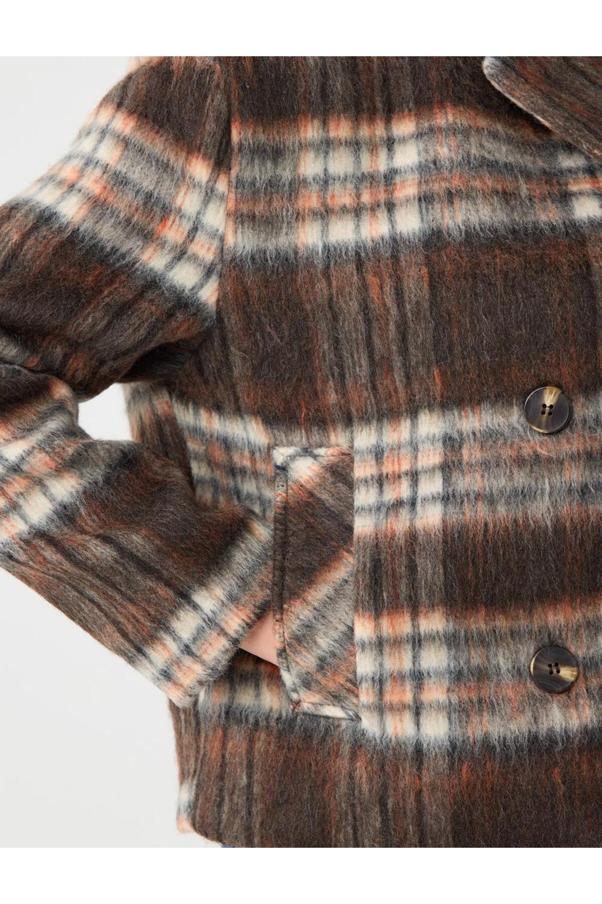 Jimmy Key  Turuncu Kruvaze Yaka Ekose Desenli Yün Karışımlı Kaşe Kaban - Görsel 5