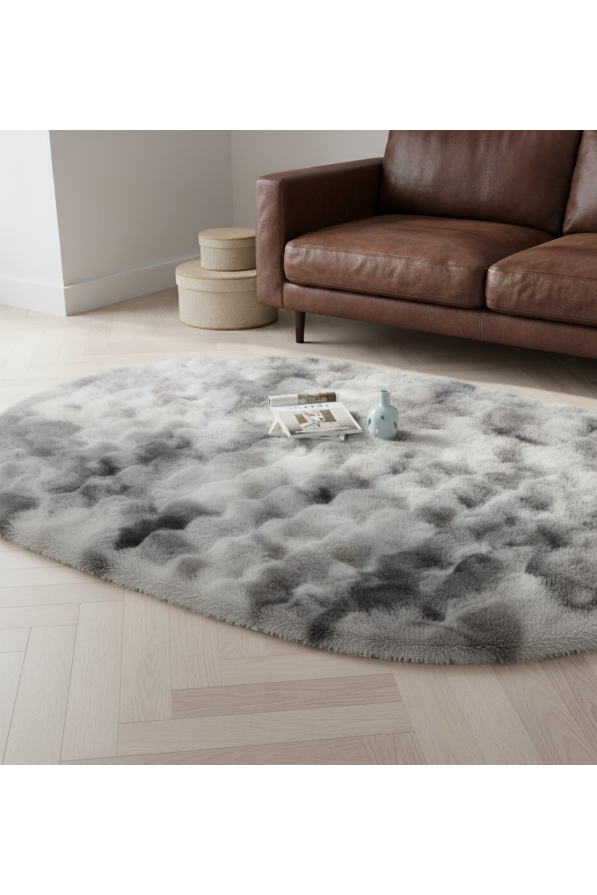 Rabbit Feather Oval Gray Bubble Post Plush Double Color Imported Custom Anti-Slip Base Rug
