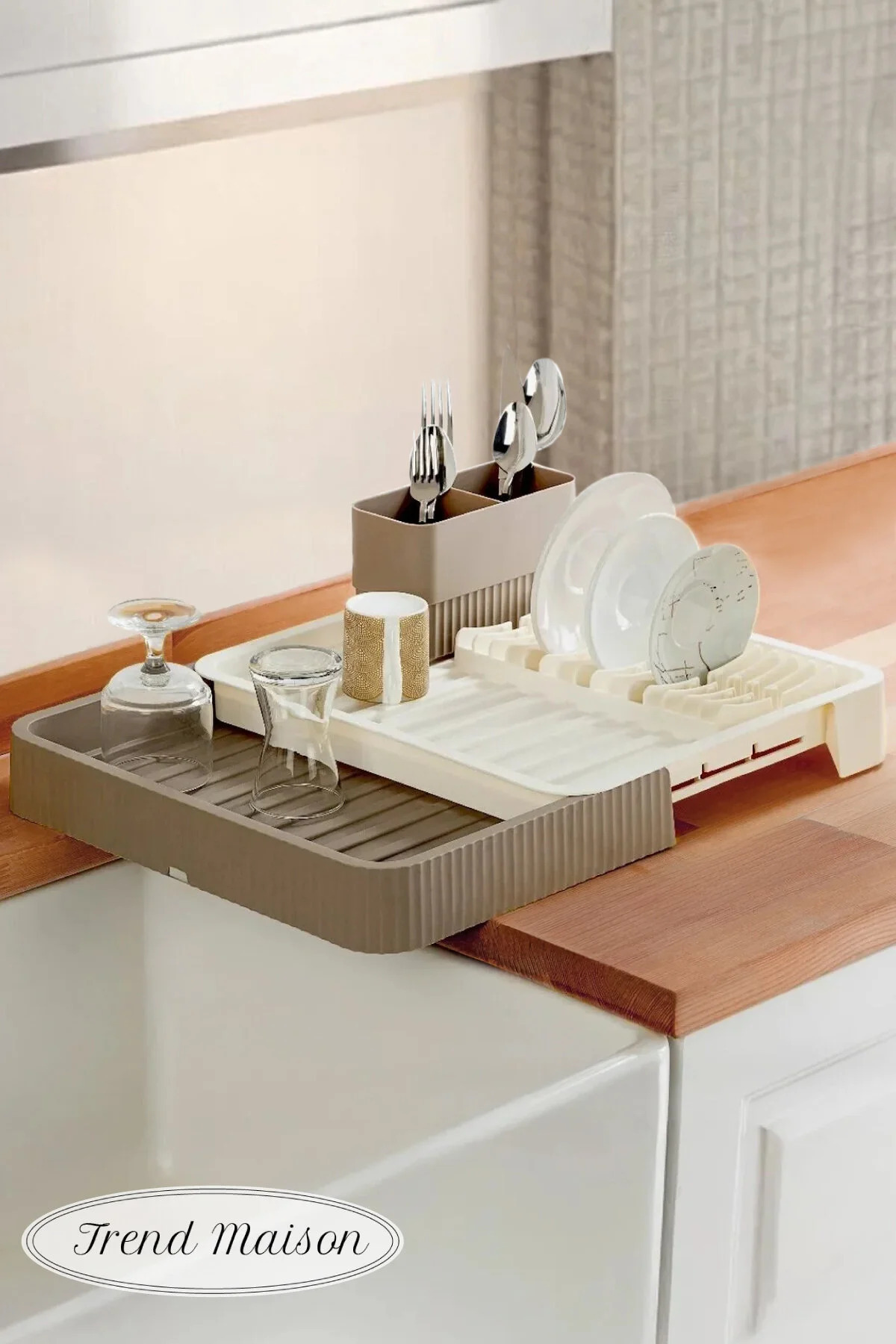 Trend Maison Sürgülü Tabaklık Bulaşıklık Açılır Kapanır Bulaşık Sepeti Krem