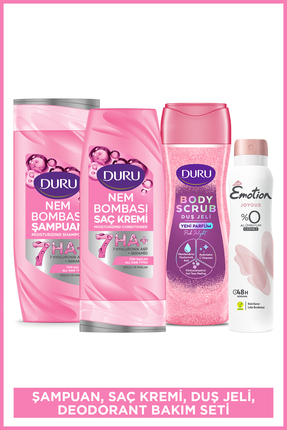 Duru Nem Bombası Şampuan,Saç Kremi,Duş Jeli & Kadın Deodorant