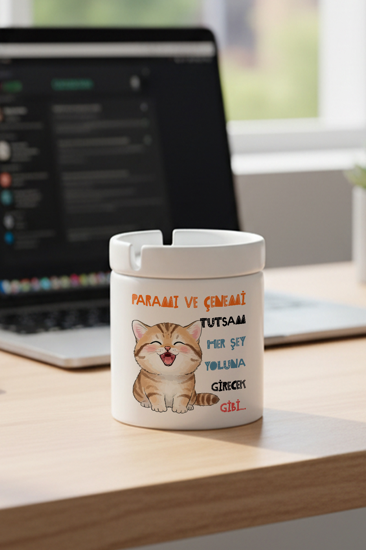 sartre art Paramı ve Çenemi Tutsam Kedi Baskılı Komik Hediyelik Seramik Kapaklı Kokusuz Küllük