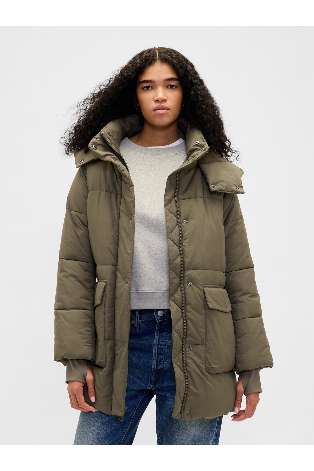 GAP  Kadın Haki Faux Fur-Trim Midi Puffer Şişme Ceket
