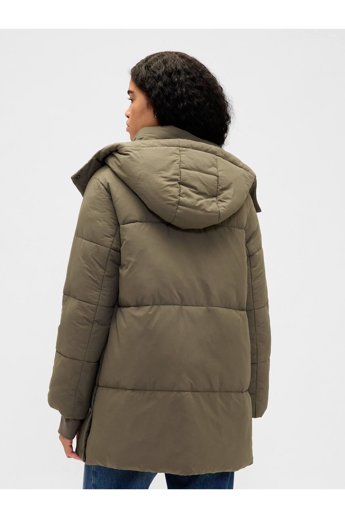 GAP  Kadın Haki Faux Fur-Trim Midi Puffer Şişme Ceket - Görsel 4