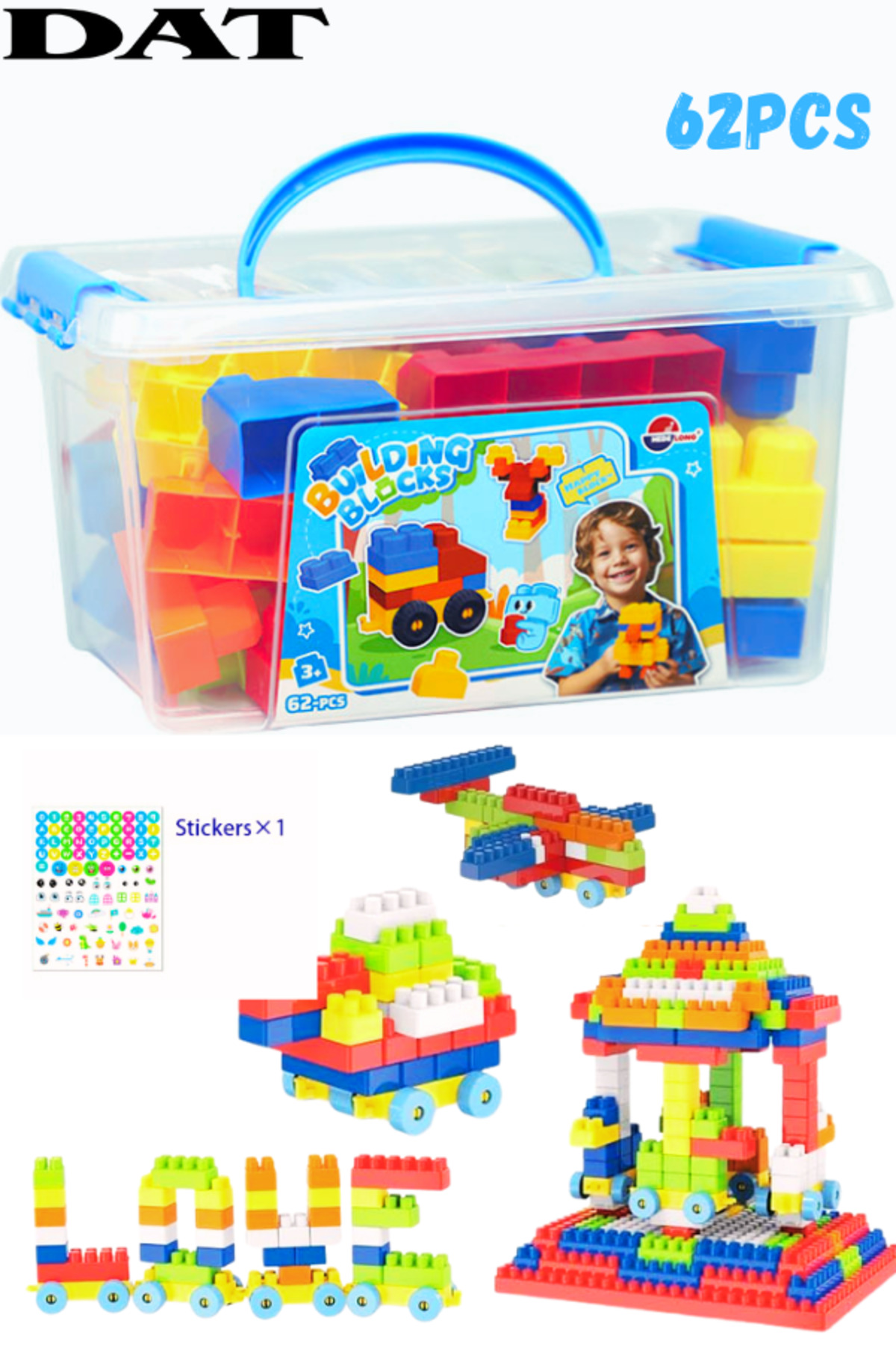 مجموعه بلوک‌های رنگی ساختنی برای کودکان (۶۲ تکه) – اسباب‌بازی آموزشی برای پسران و دختران همراه با جعبه نگهداری