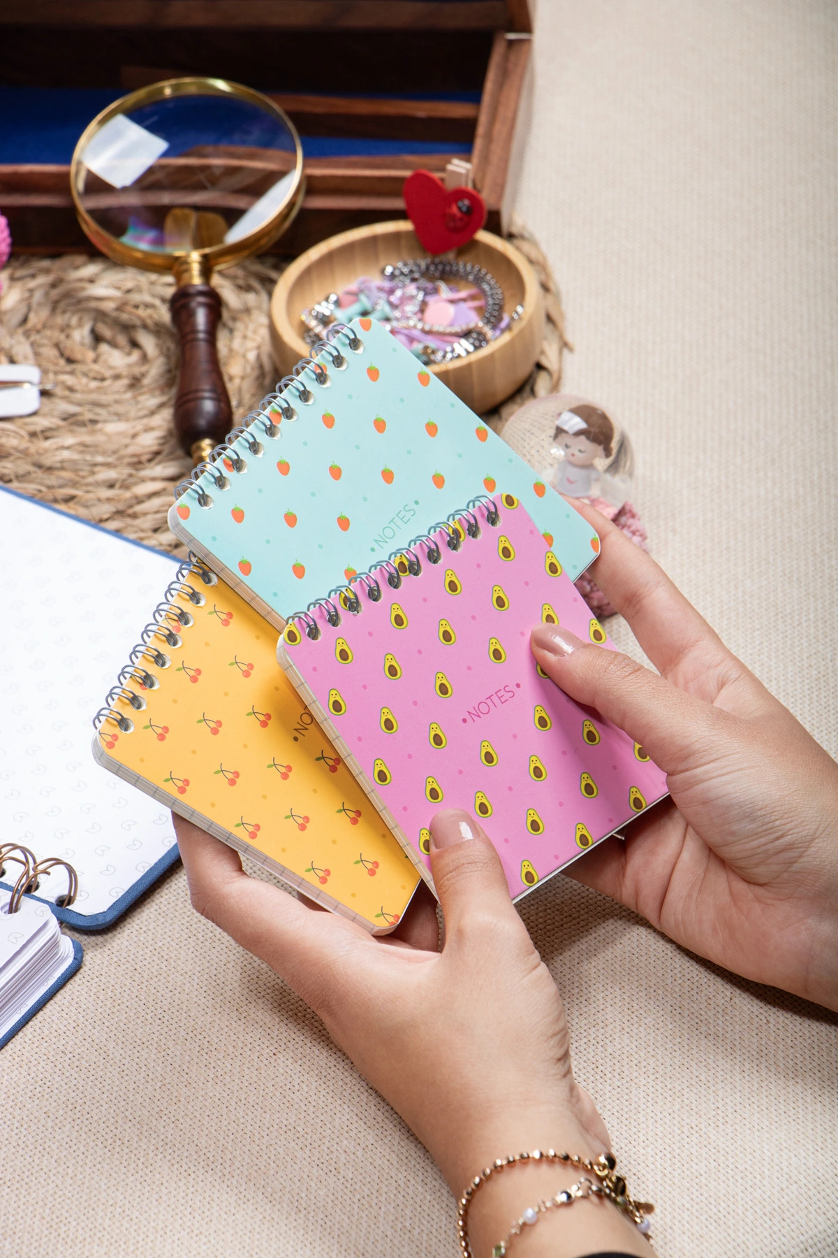 DİVAL 10x10 cm 3'lü Meyve Desenli Karton Kapaklı Spiralli Cep Defteri Bloknot Not Defteri