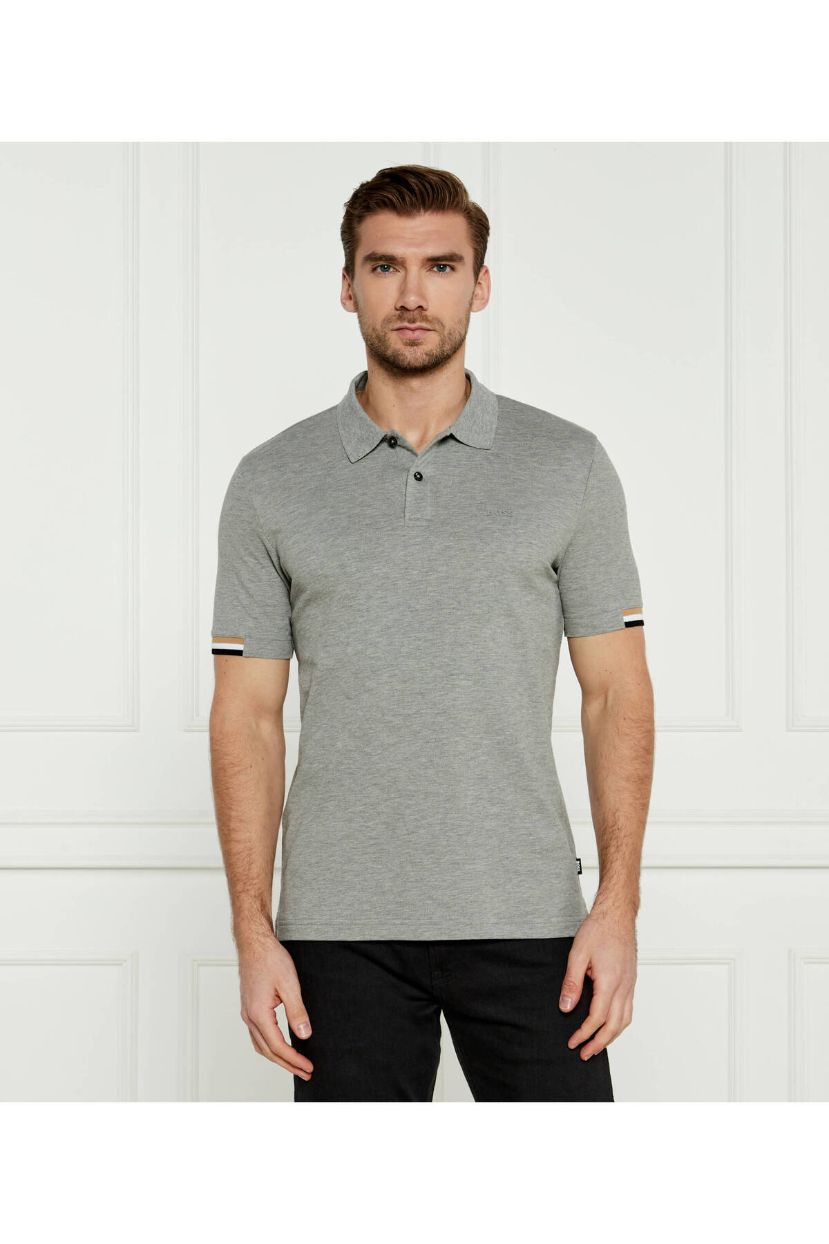 باس تی‌شرت یقه‌دار مردانه نخی یقه‌دار دکمه‌دار آستین کوتاه خاکستری 50467113-041