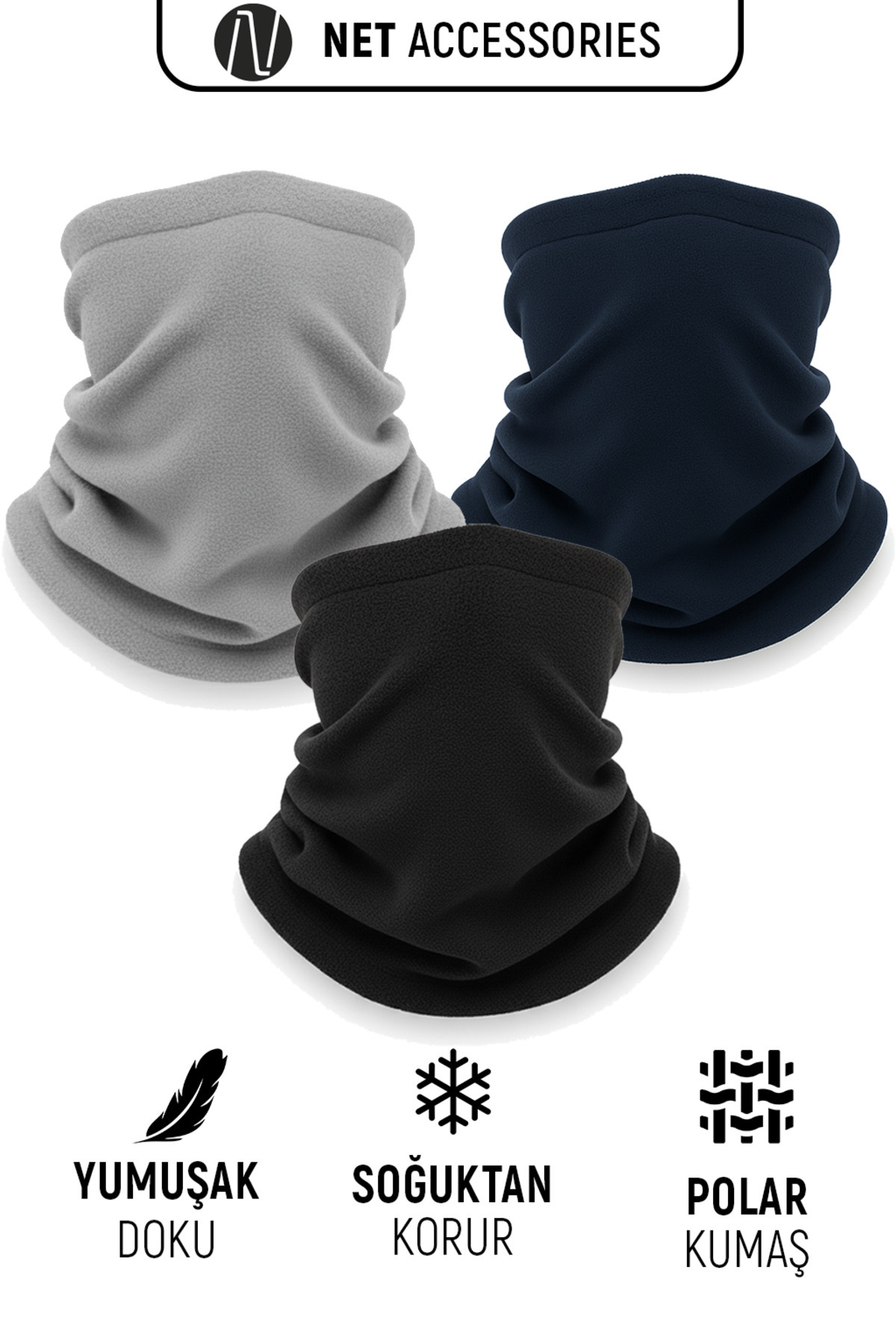 Net Tekstil Üçlü Siyah Lacivert Gri Termal Polar Soğuk Geçirmez Boyunluk Unisex Pamuklu Kışlık