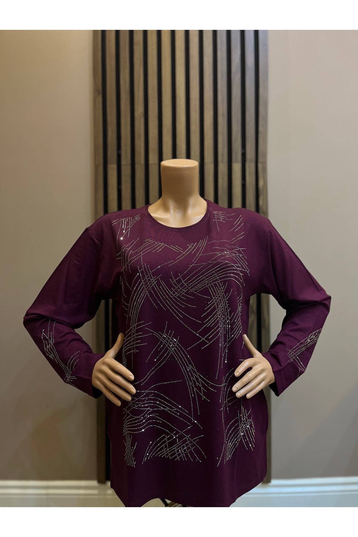 Women's Middle Age and Above Board Patterned Rhinestone Claret Red Mother Combed Cotton Blouse