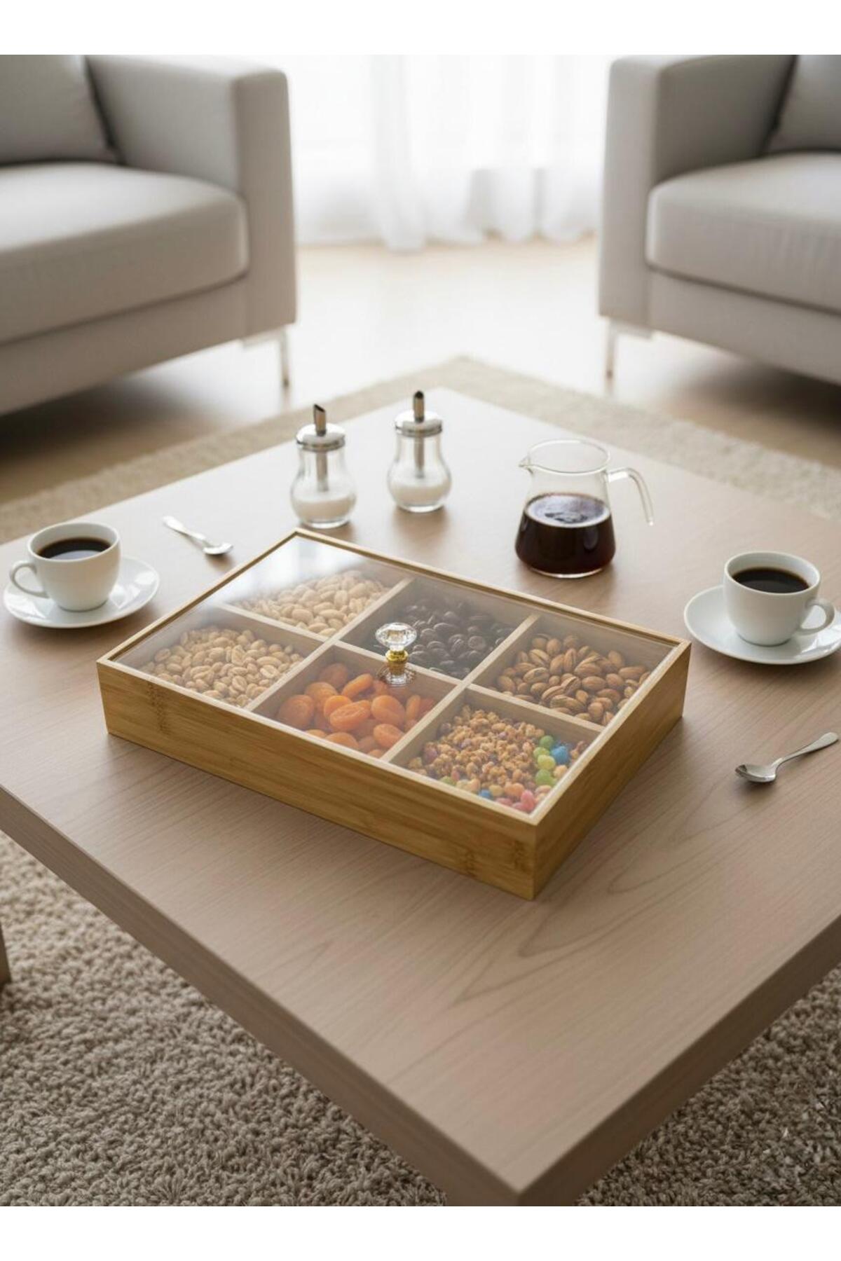 Baroness Ahşap Kapaklı Çok Gözlü Kahvaltılık Sunum Kutusu Şık