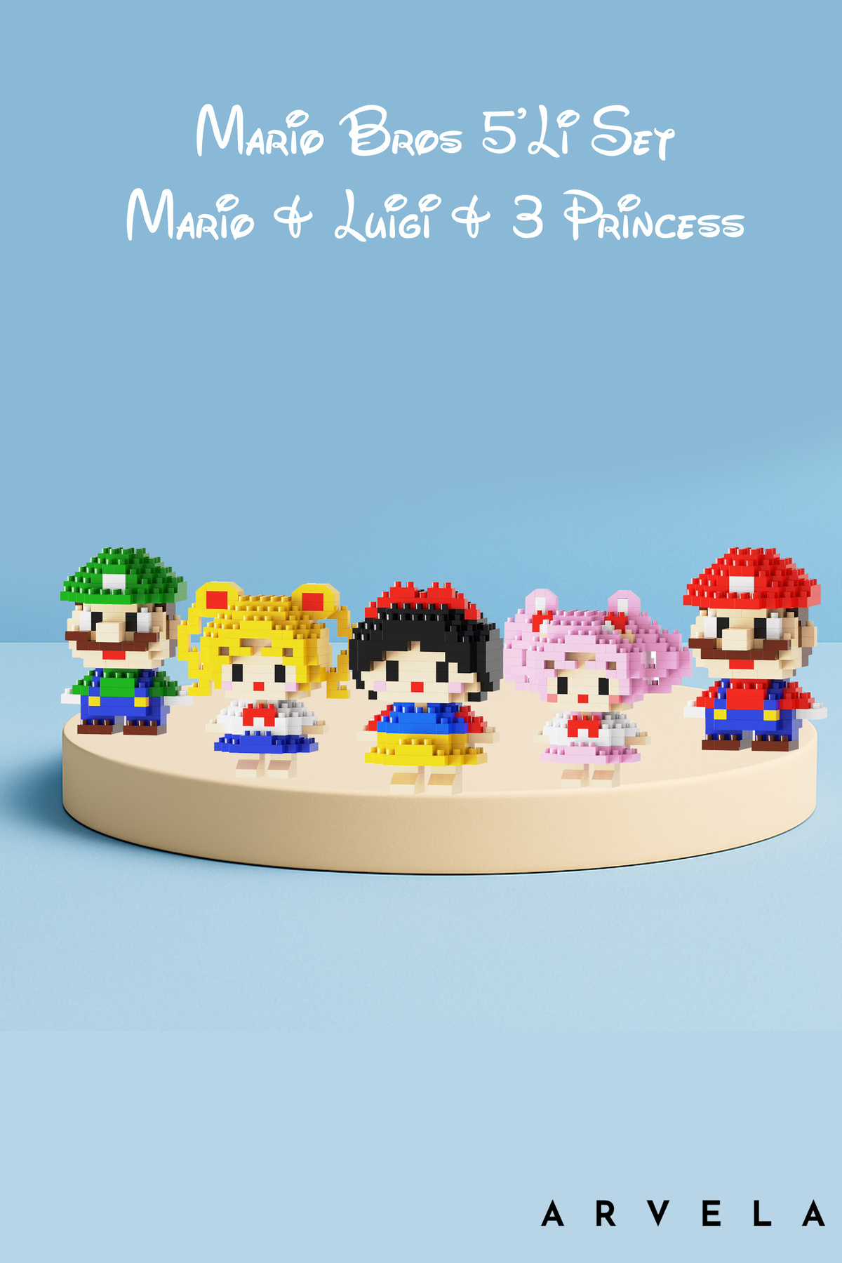 Arvela Mario Bros 5’li Mini Blok Set – Mario, Luigi ve 3 Princess Koleksiyon Figürü