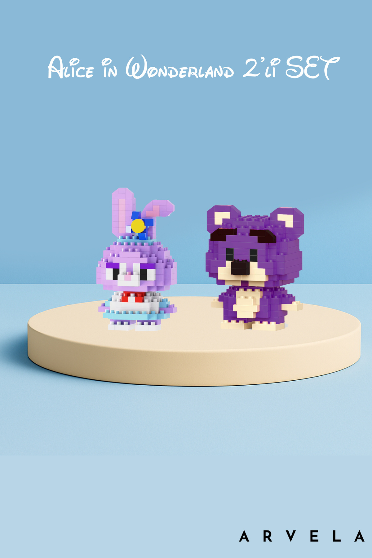 Arvela Mini Blok Oyuncak Figür Seti 2’li – Alice in Wonderland Tavşan Kız & Mor Ayı