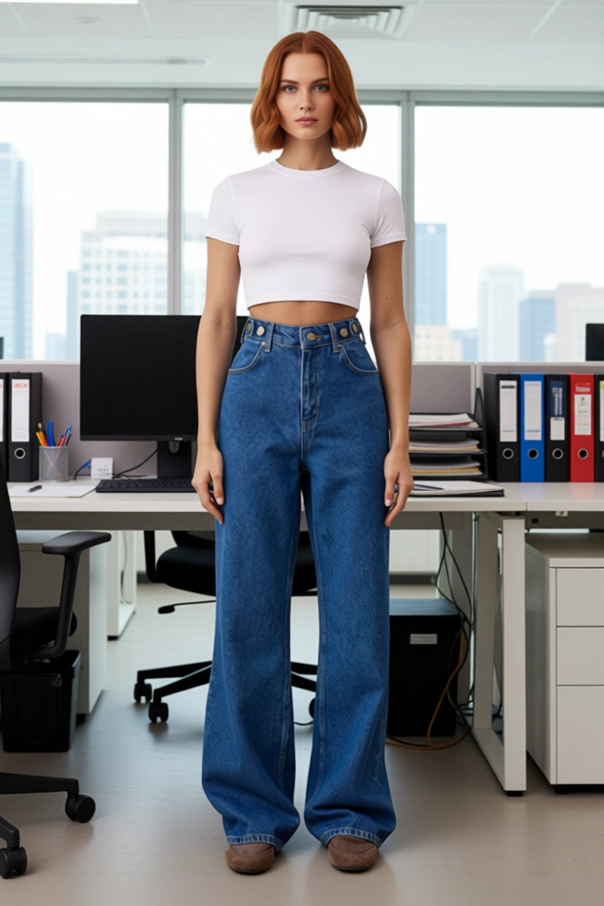 Kadın Yüksek Bel Geniş Paça Denim Pantolon Fonksiyonel Dayanıklı Kaliteli Konforlu Estetik
