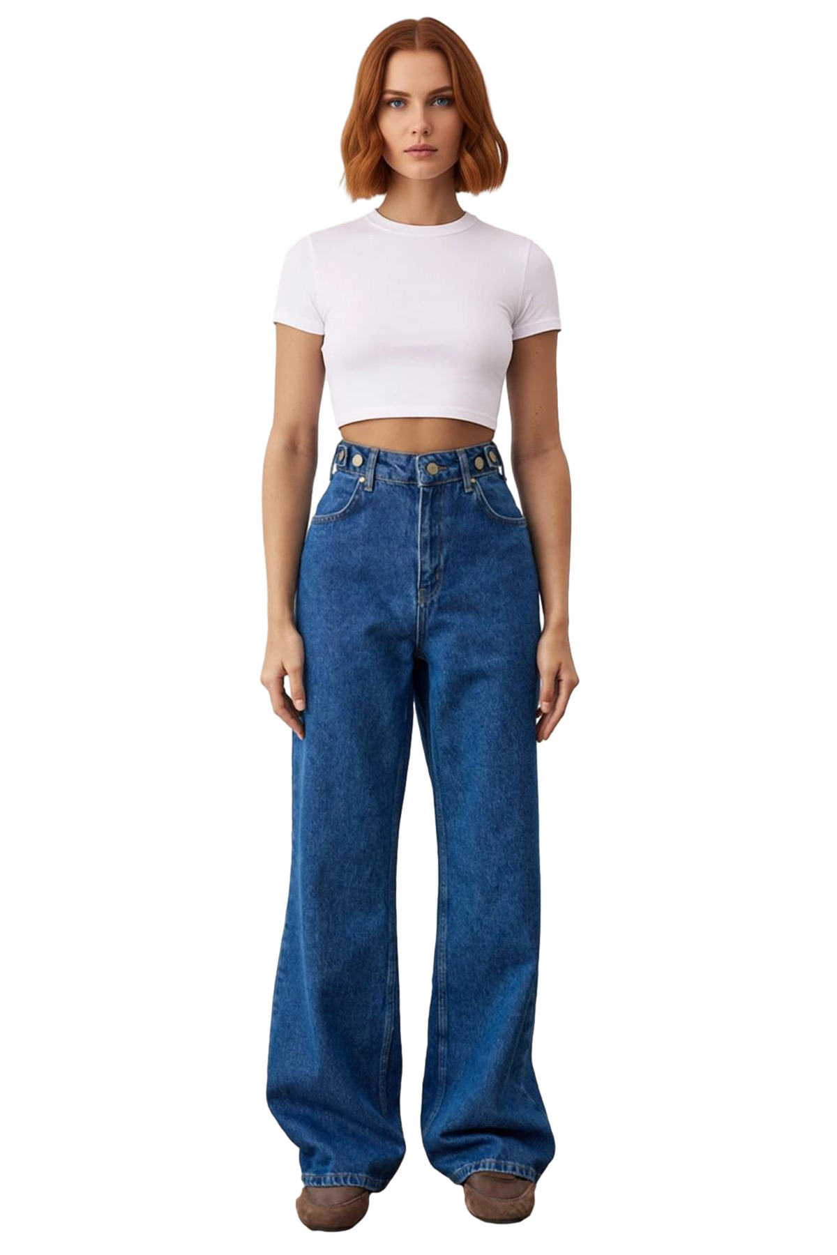 Kadın Yüksek Bel Geniş Paça Denim Pantolon Fonksiyonel Dayanıklı Kaliteli Konforlu Estetik