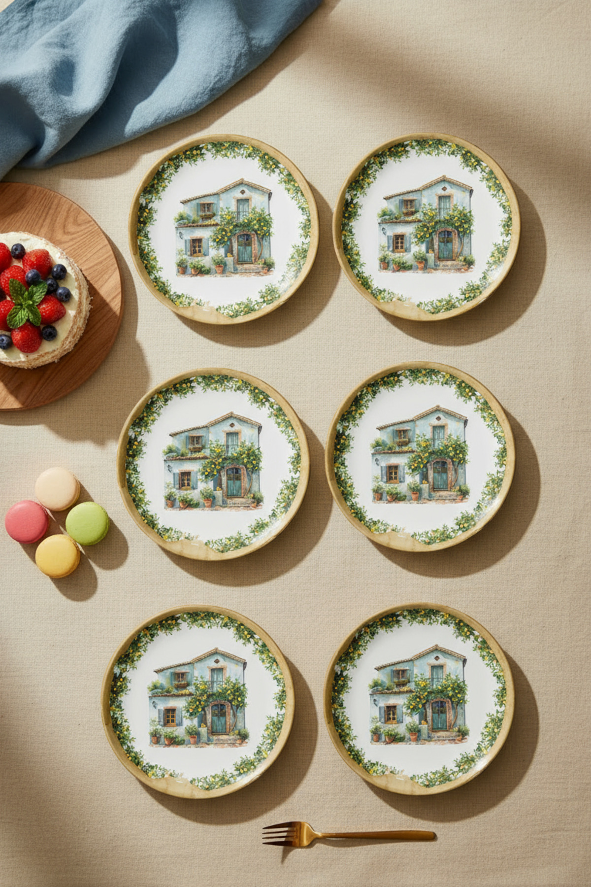 Mediterranean Pattern 6-Piece 20 cm Cake Plate Set – Stylish Presentation Cake and Dessert Plate