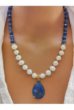 elinasaccessories El yapımı inci lapis kolye doğaltaş tasarım kolye lapis taş...