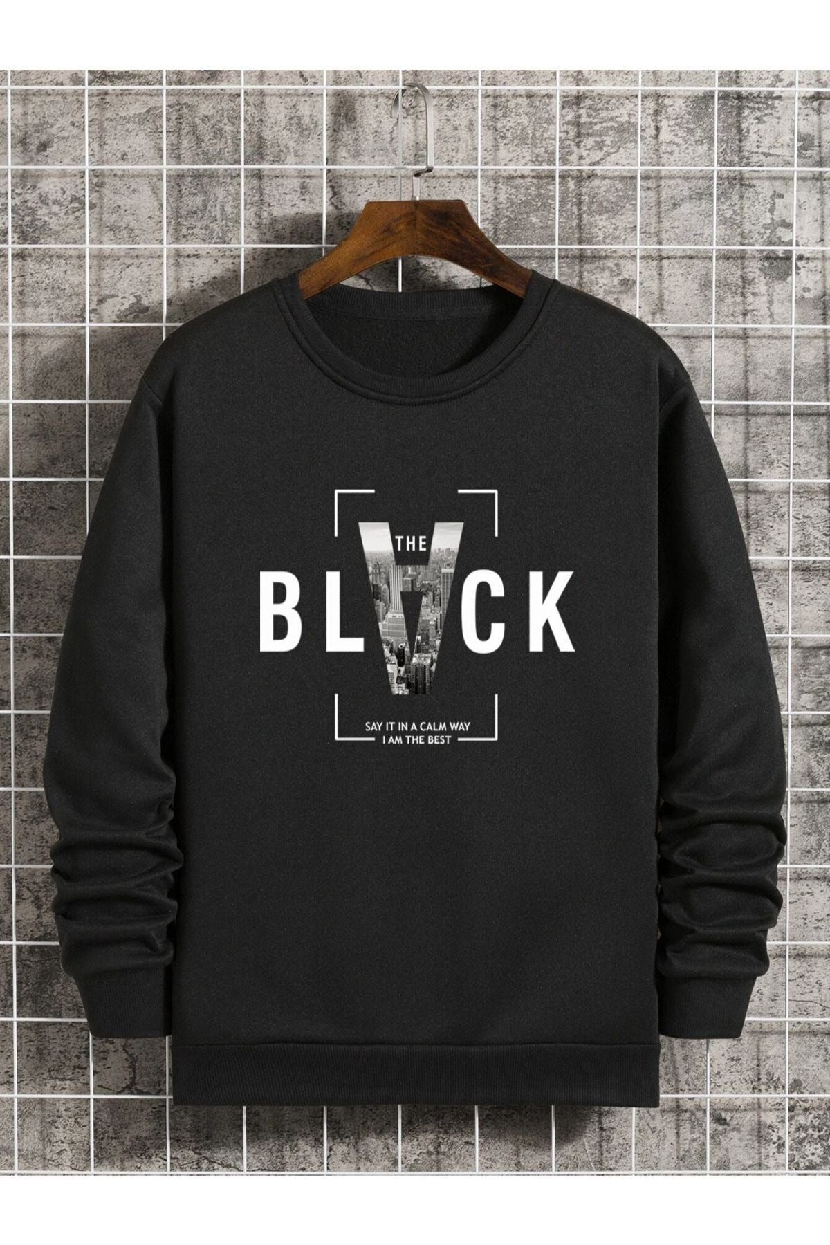 ORLONTEX Unisex Black Black Printed Crew Neck Oversize Sweatshirt