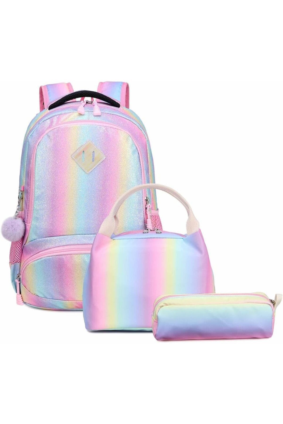 Generic 3-in-1 cute backpack set for girls| Shimmery Glitter Leather| 3 designs Mermaid Pattern,Rainbow Hearts,Pastel Coloures