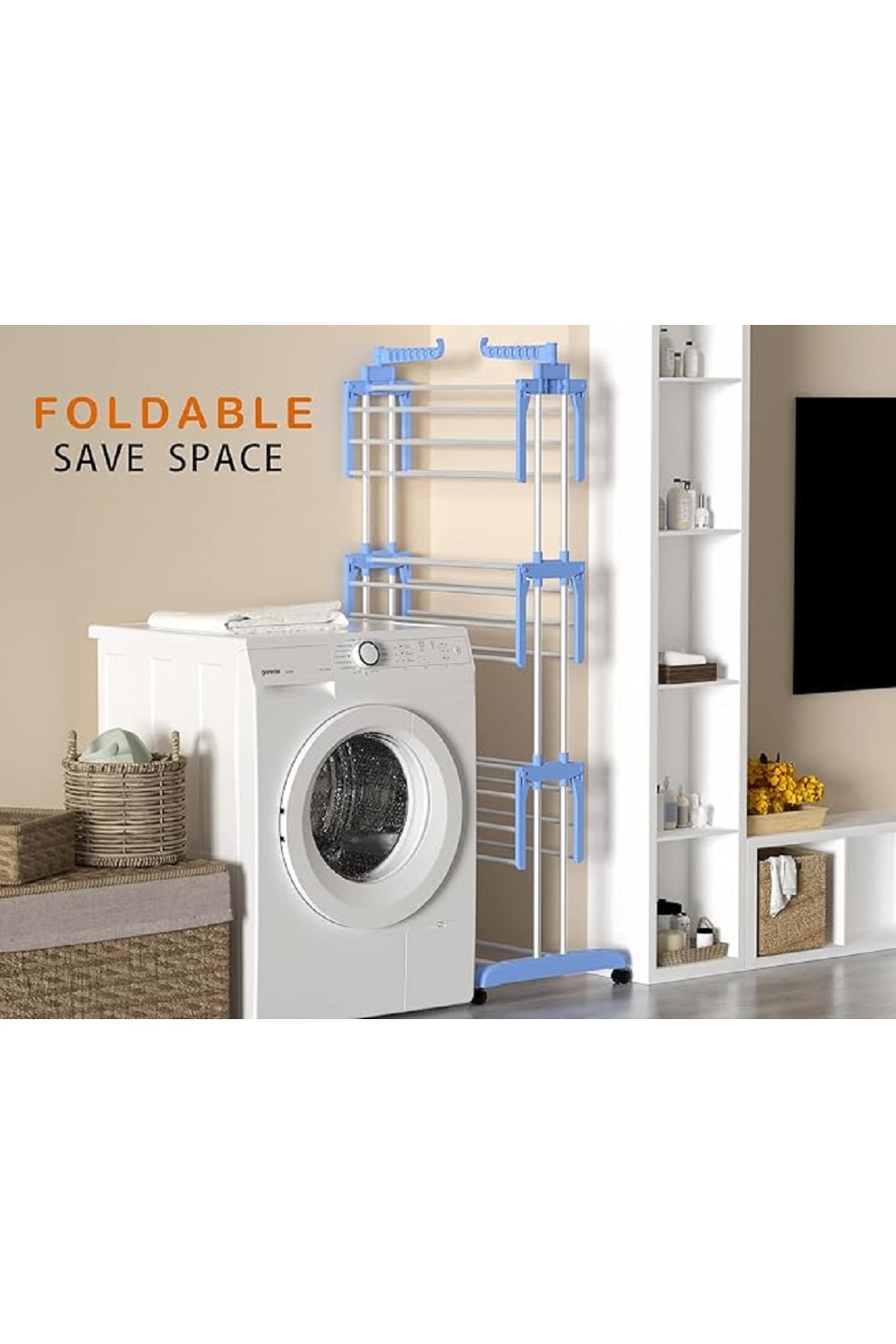 رف تجفيف الملابس من إيرير، رفوف غسيل ملابس قابلة للطي والتعديل من الفولاذ المقاوم للصدأ بأربع طبقات، أزرق
