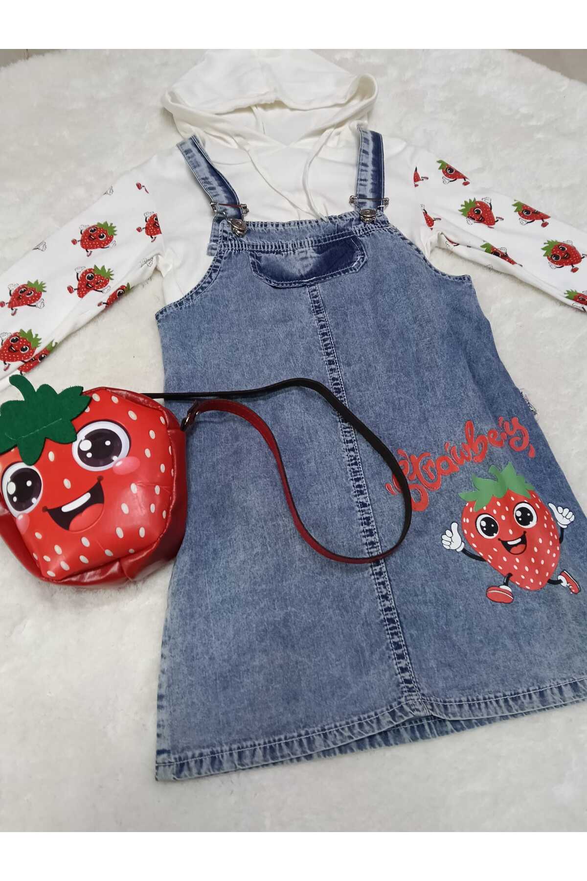 bubiee baby Çilek Baskılı Kot Jile Çanta Hediyeli 3 lü Takım fotoğrafı 3 (önizleme)