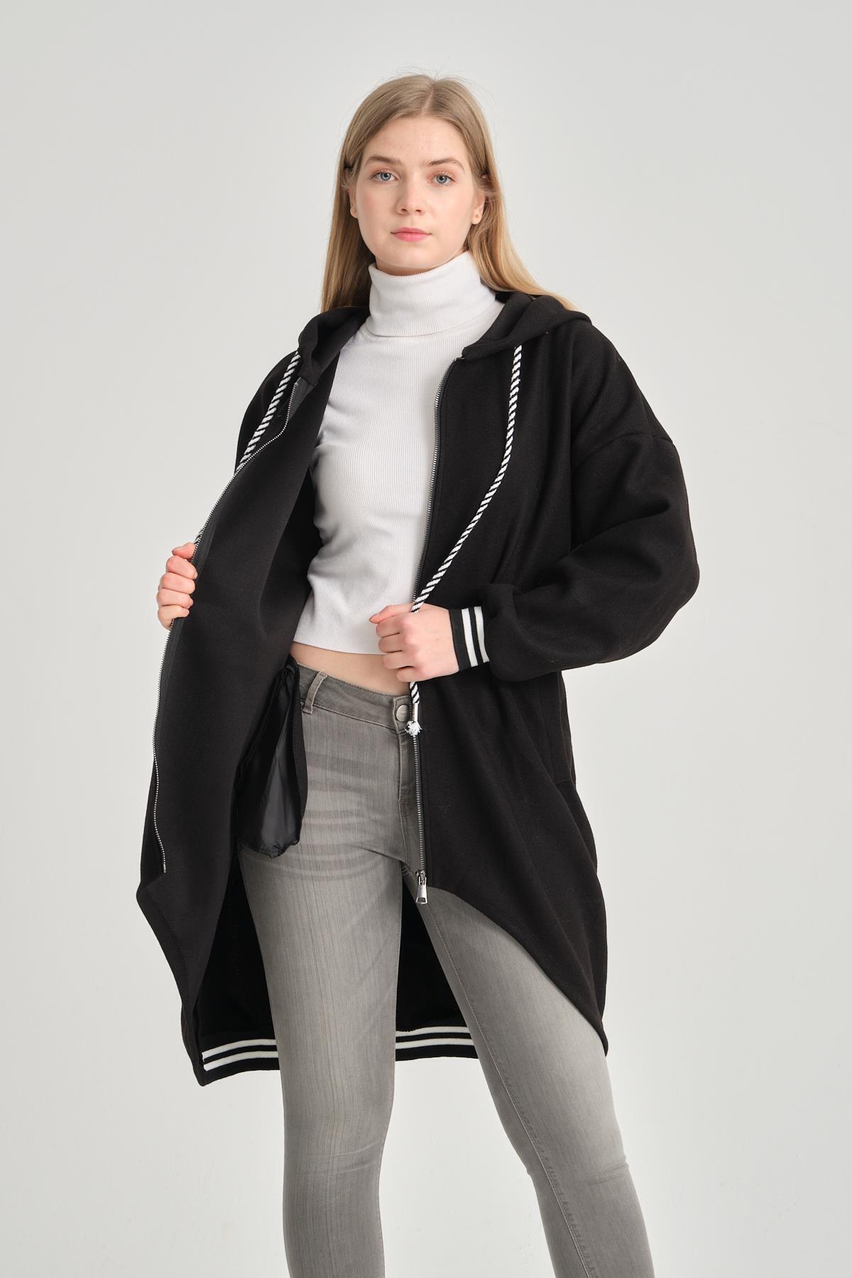 Women's Black Italian Hooded Zippered Slim Coat
