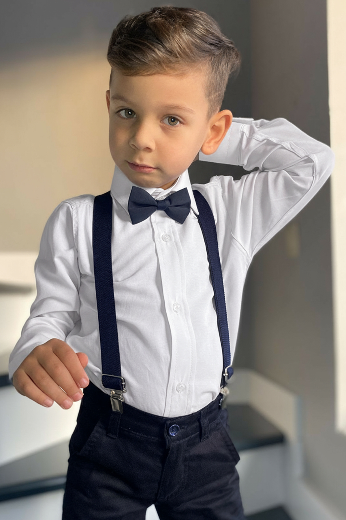 Boys Long Sleeve White Shirt Strap Bow Tie Set