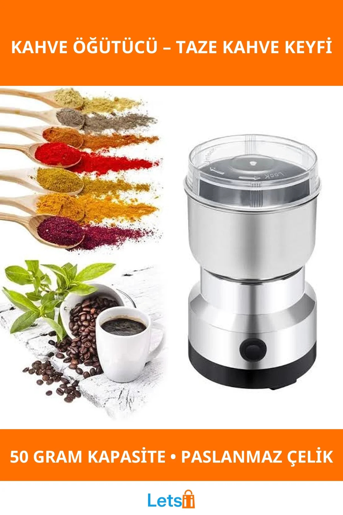 Letsii Mini Elektrikli Kahve Öğütücü Düşük Sesli Paslanmaz Çelik 50 Gram