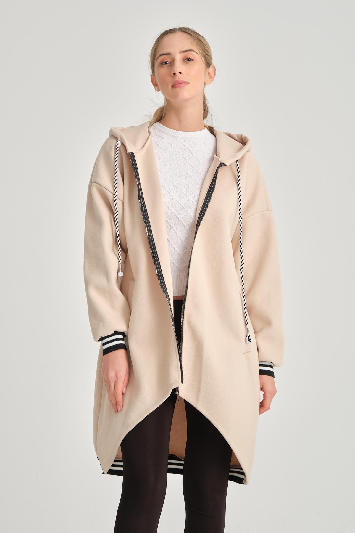 Women's Beige Italian Hooded Zippered Slim Coat