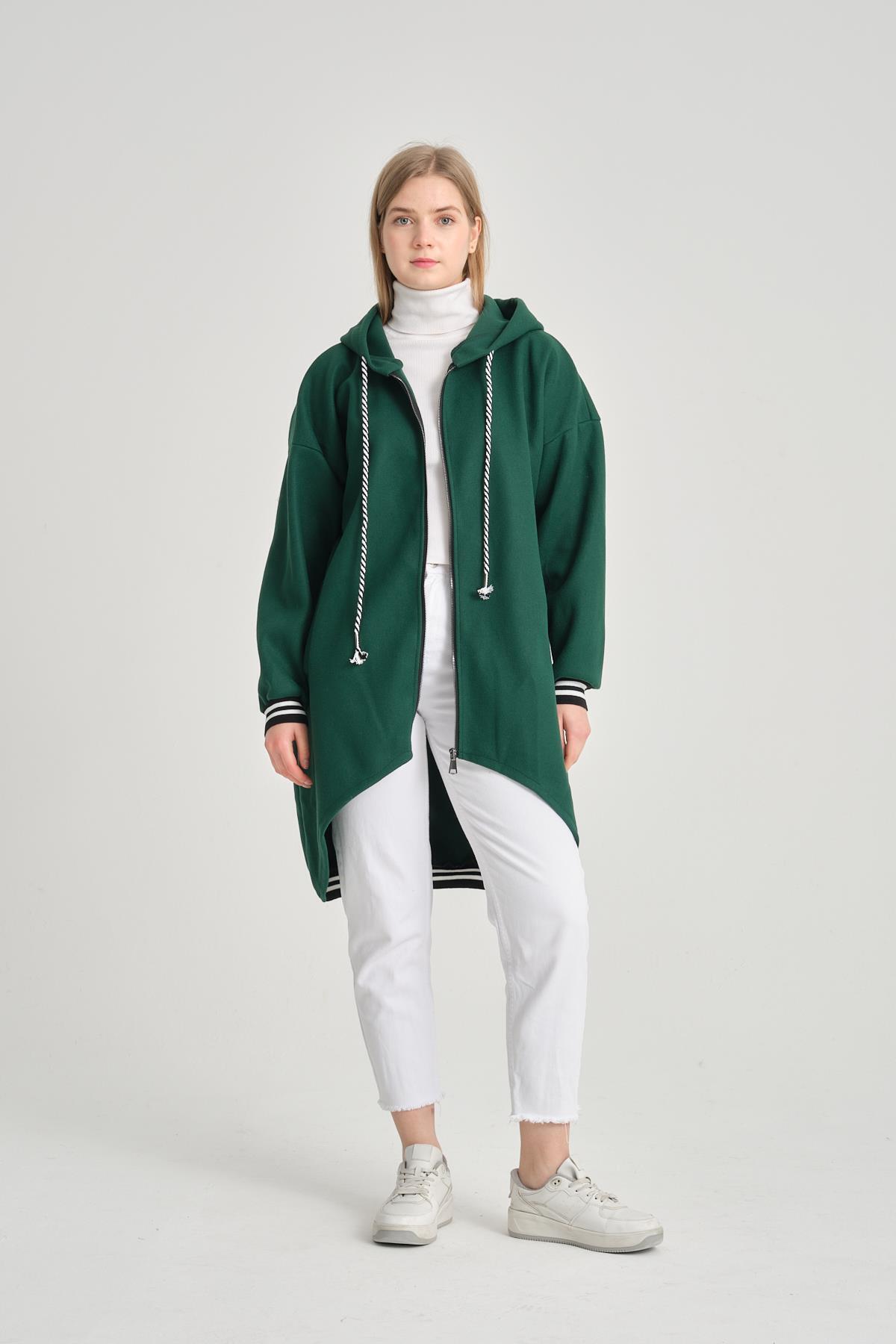 Women's Green Italian Hooded Slim Coat with Zipper