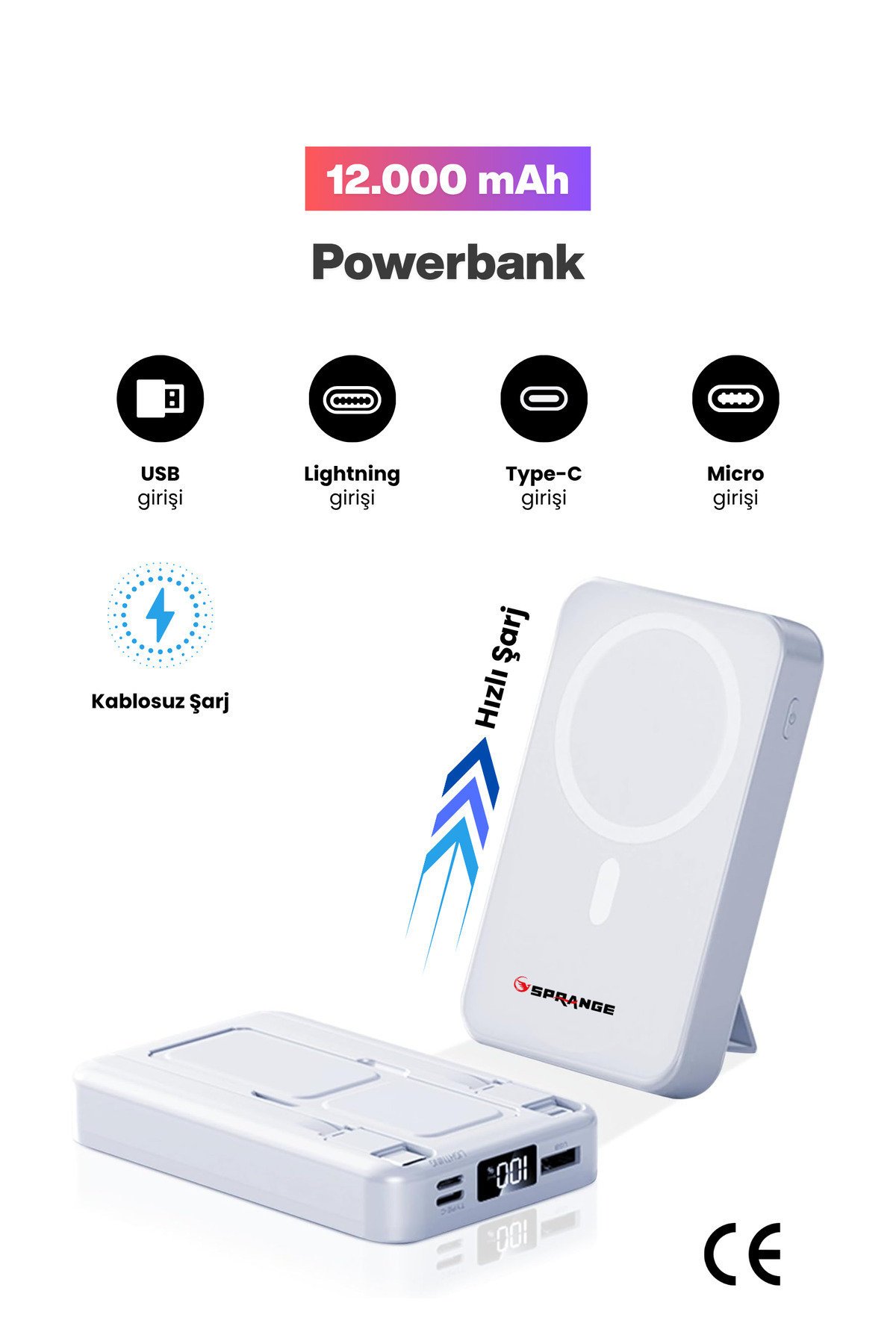 SPRANGE Magsafe Powerbank 12000 Mah Standlı Hızlı Taşınabilir Iphone 11 12 13 14 15 16 17 Samsung uyumlu