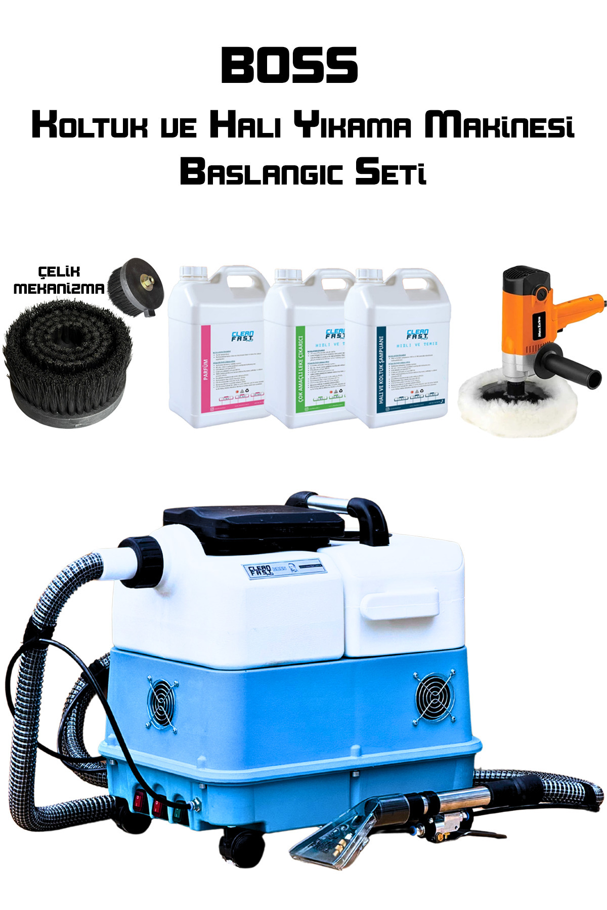 CF CLEANFAST Boss Çift Motorlu Koltuk ve Halı Yıkama Makinesi Yan Ekipman Seti Polisaj Makinesi Çelik Mekanizmalı