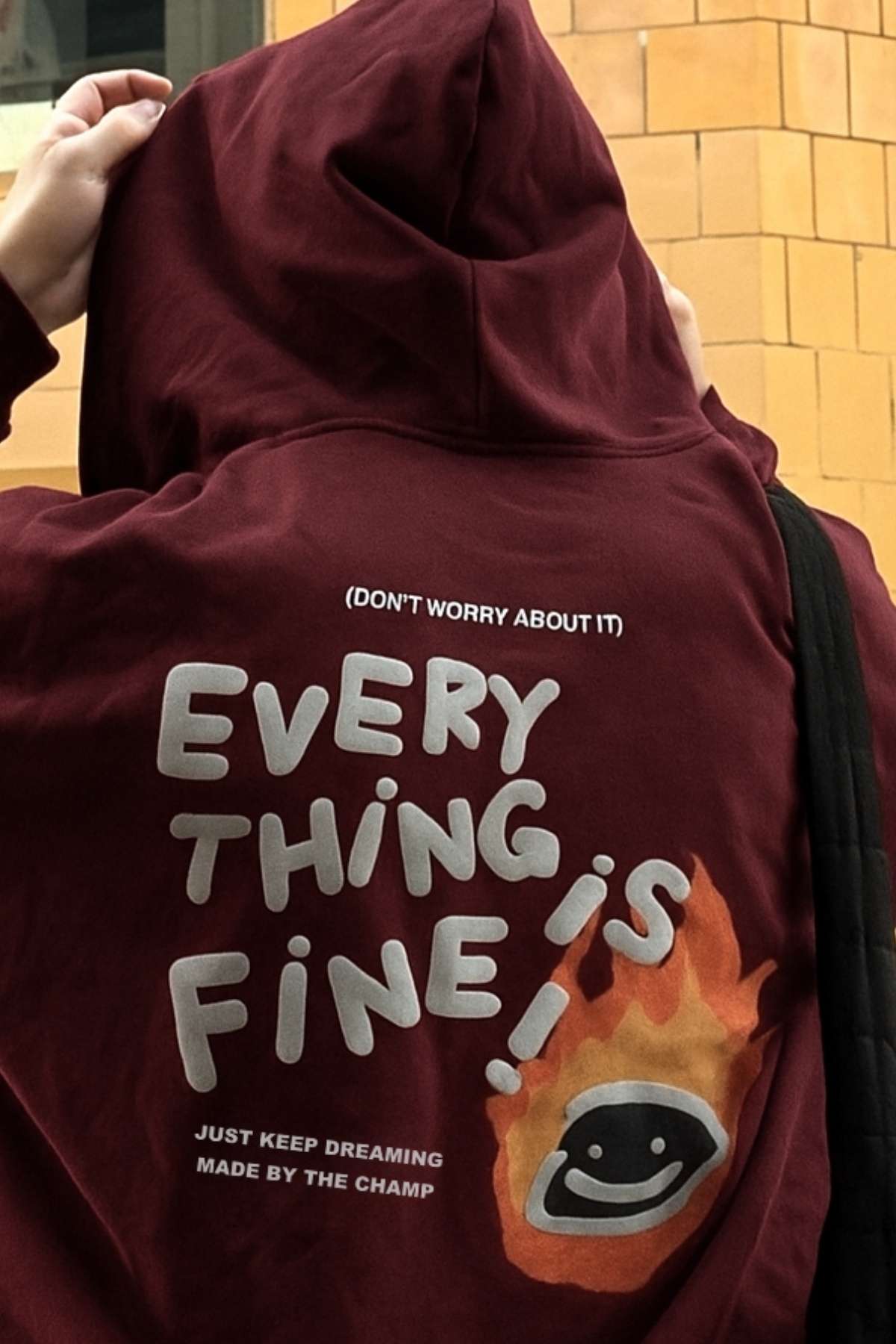 The Champ Clothing Unisex Oversize Sweatshirt Hoodie Every Thing Is Fine Baskılı Bordo–3 İplik Şardonlu Polar, Cepli görsel 5