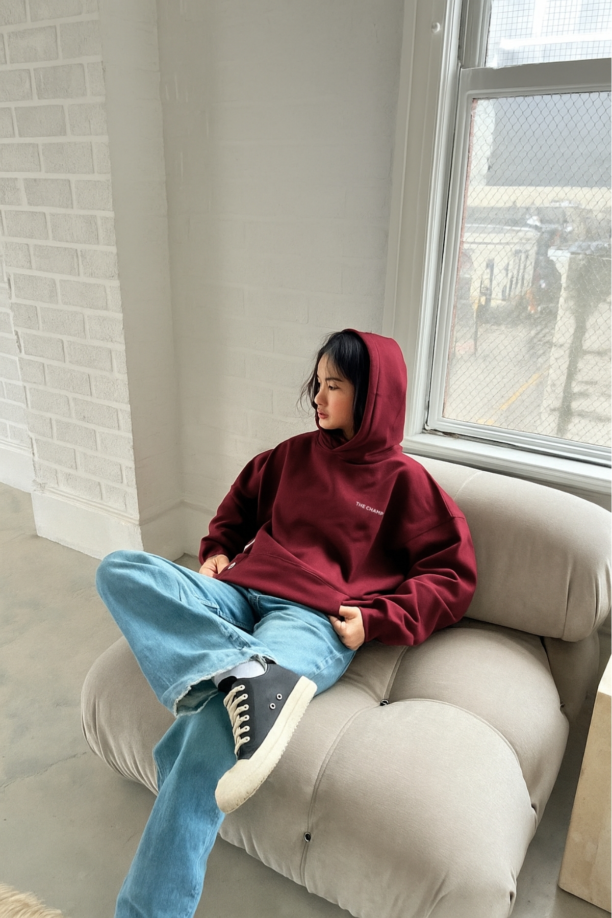 The Champ Clothing Unisex Oversize Sweatshirt Hoodie Every Thing Is Fine Baskılı Bordo–3 İplik Şardonlu Polar, Cepli görsel 2