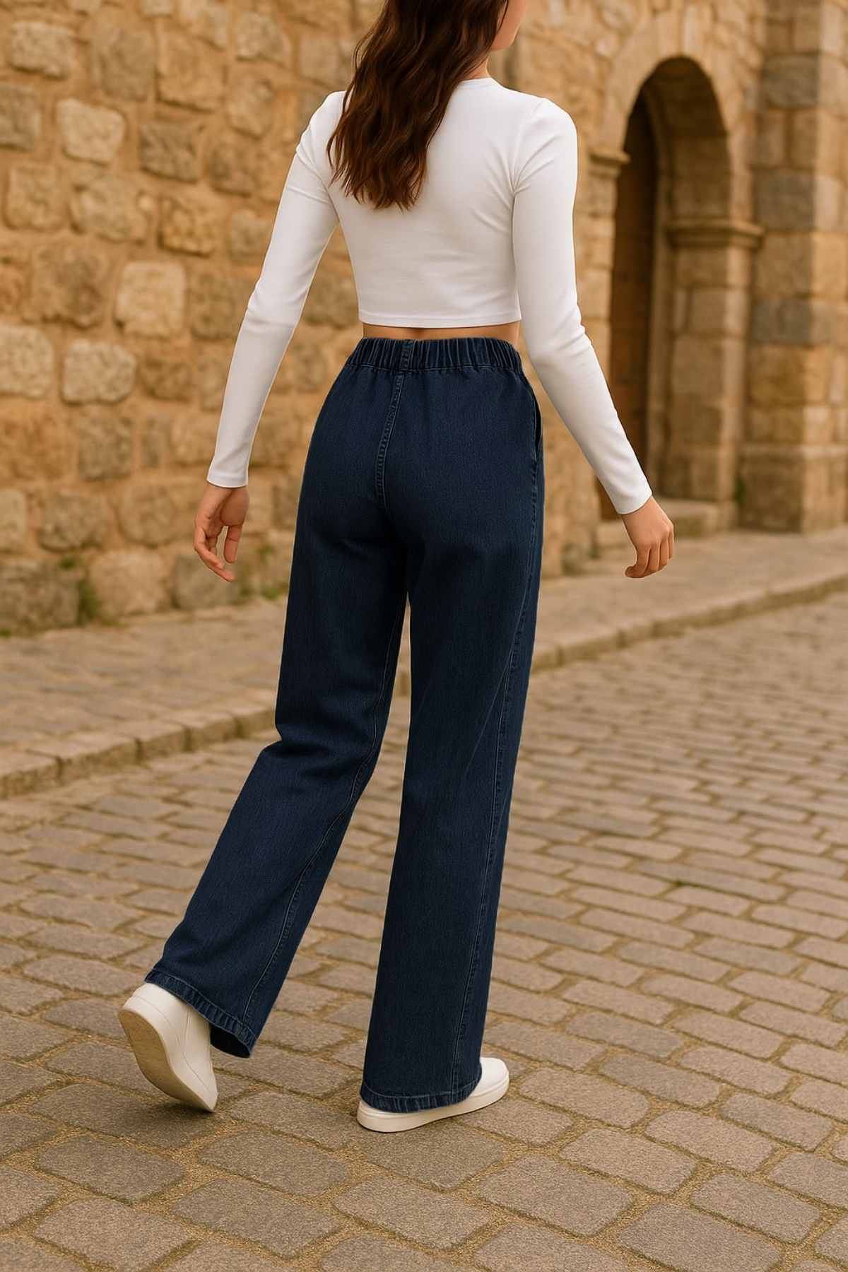 CEDY DENIM  - Likralı Kumaş Cepsiz Beli Lastikli Palazzo Pantolon C640-Mavi - Görsel 5