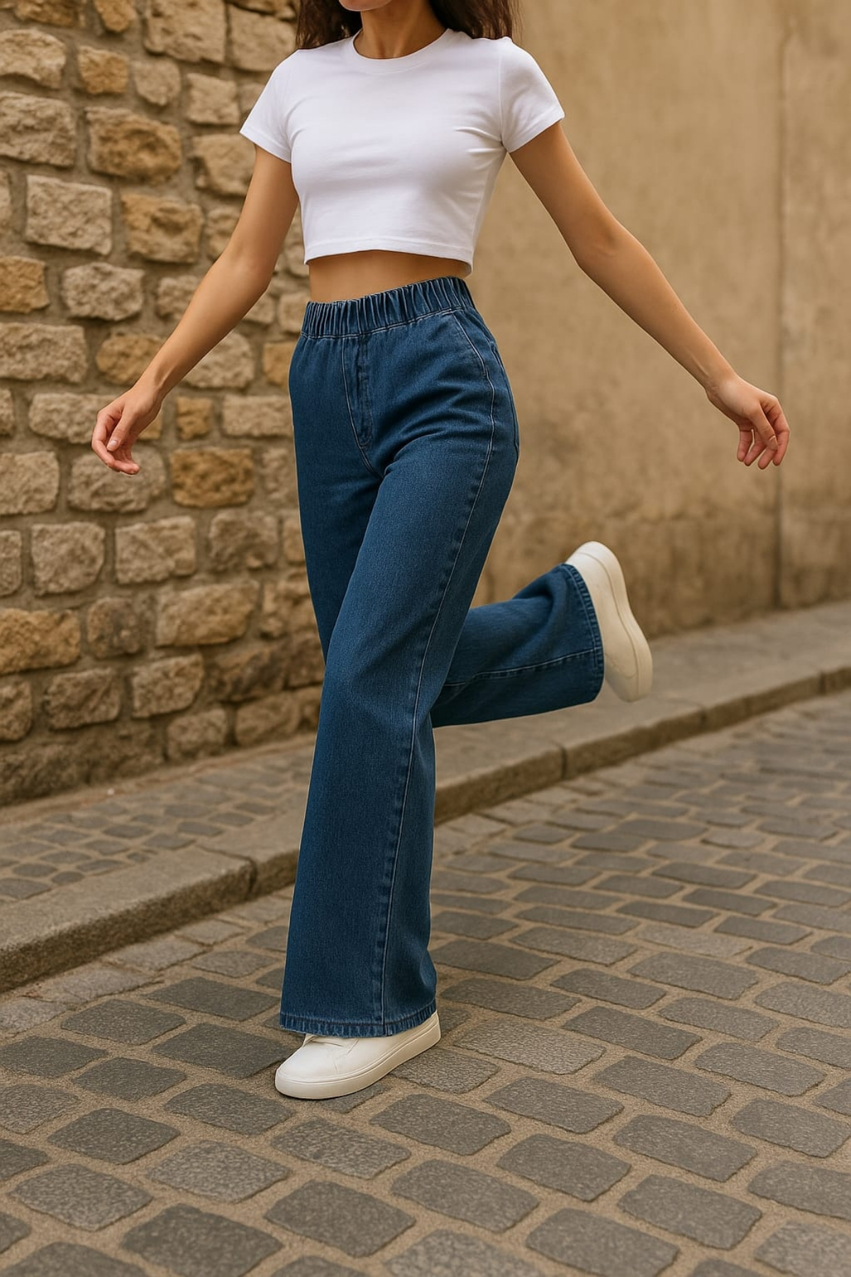 CEDY DENIM  - Likralı Kumaş Cepsiz Beli Lastikli Palazzo Pantolon C640-Açık Mavi - Görsel 3