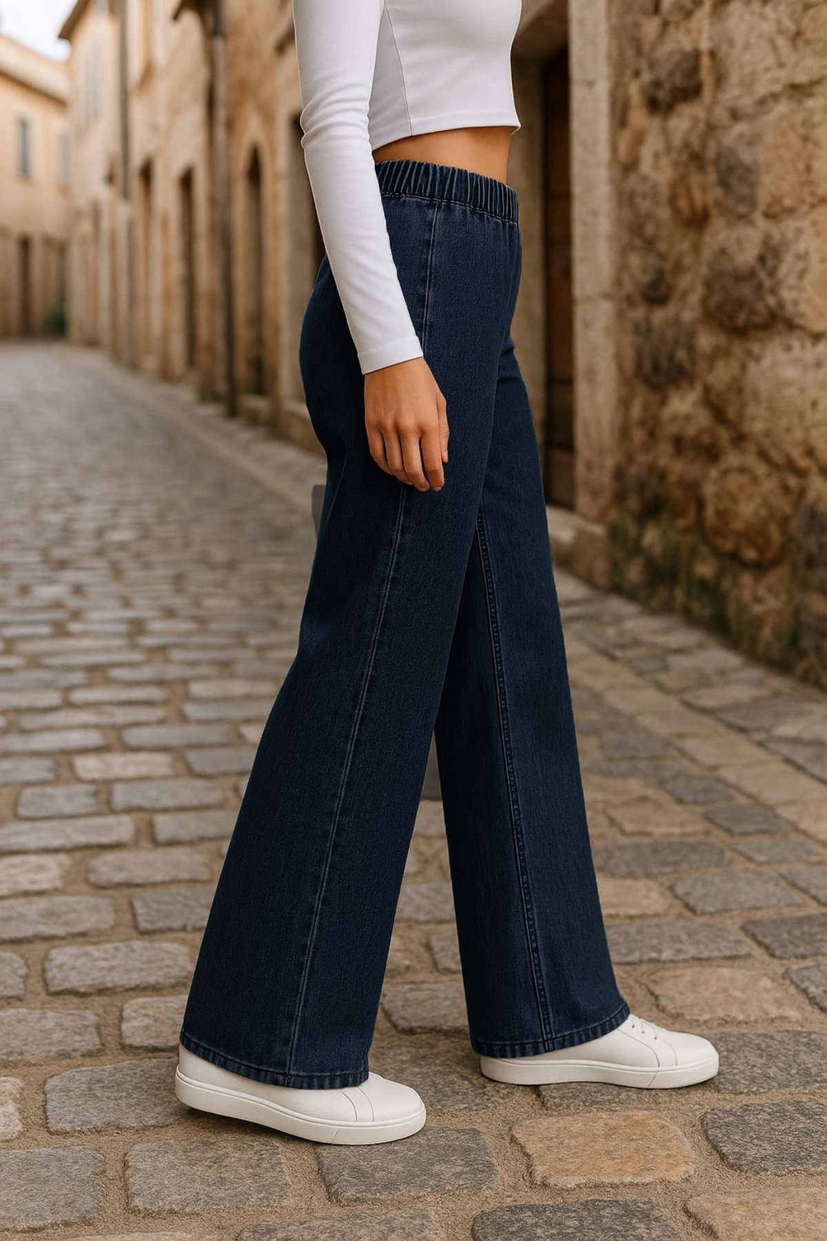 CEDY DENIM  - Likralı Kumaş Cepsiz Beli Lastikli Palazzo Pantolon C640-Mavi - Görsel 9