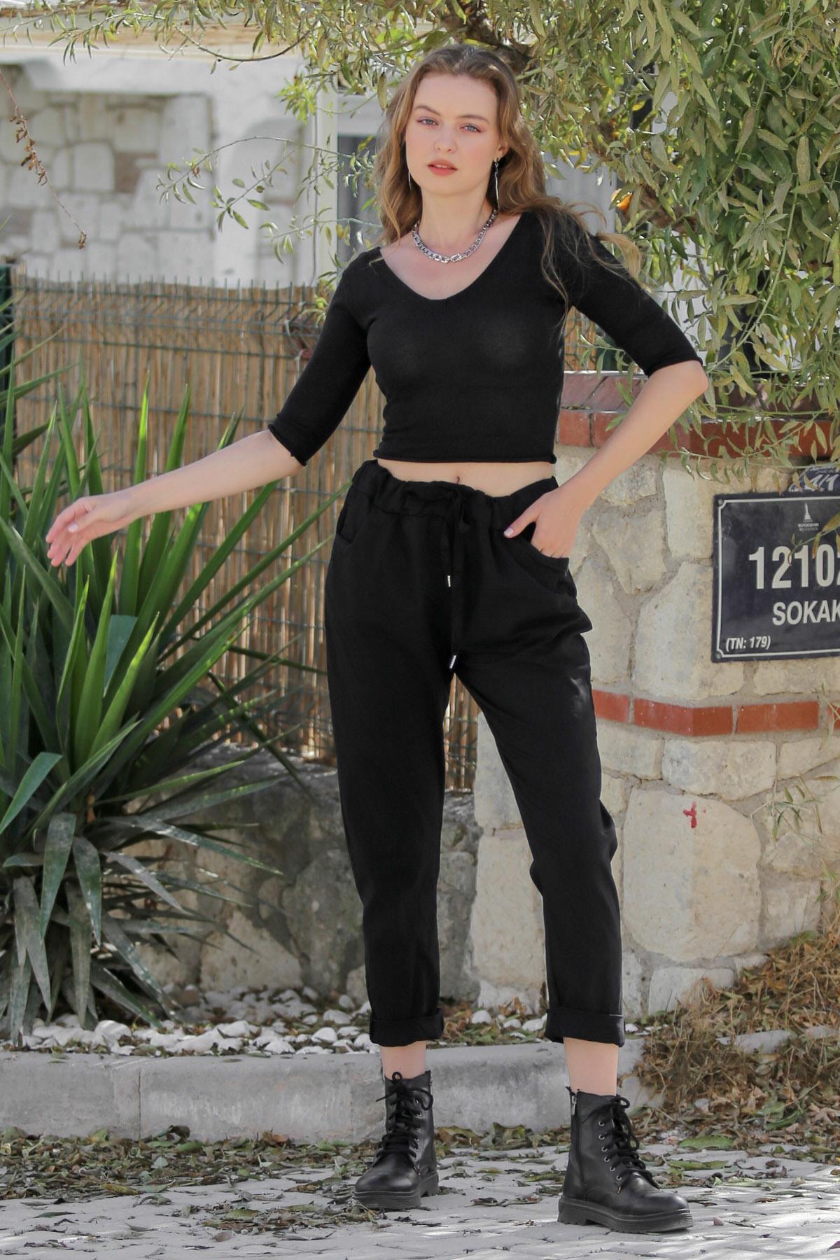 Women's Black Italian Lycra Narrow Leg Plain Trousers