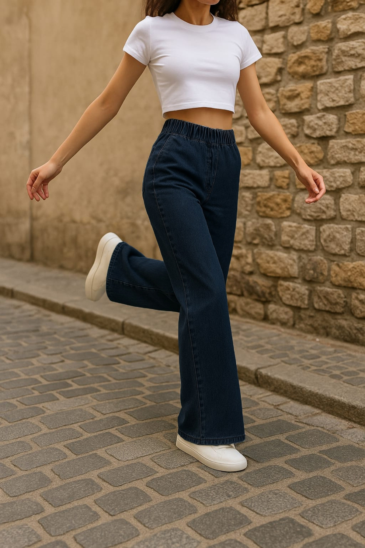 CEDY DENIM  - Likralı Kumaş Cepsiz Beli Lastikli Palazzo Pantolon C640-Mavi - Görsel 7