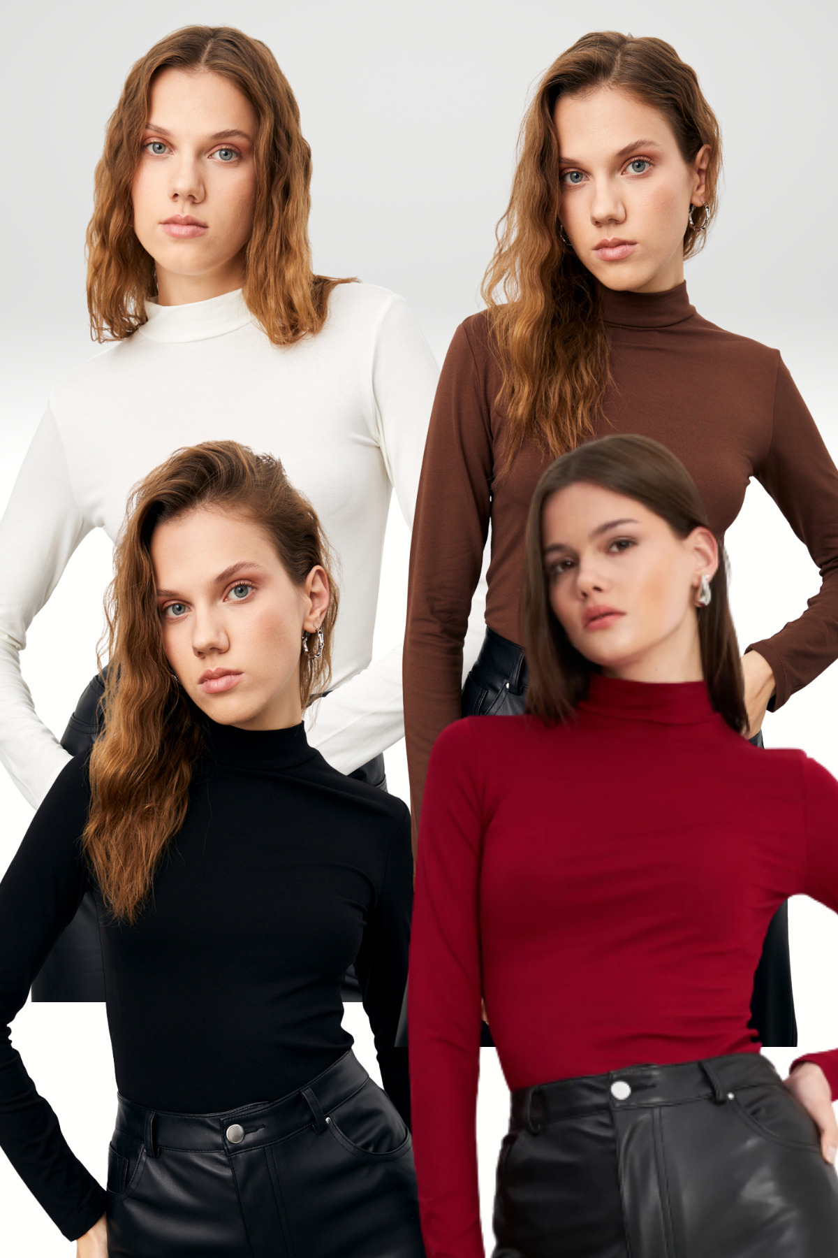 Bipantolon Kadın Acı Kahve Bordo Siyah Beyaz 4'lü Yarım Balıkçı Yaka Basic Body