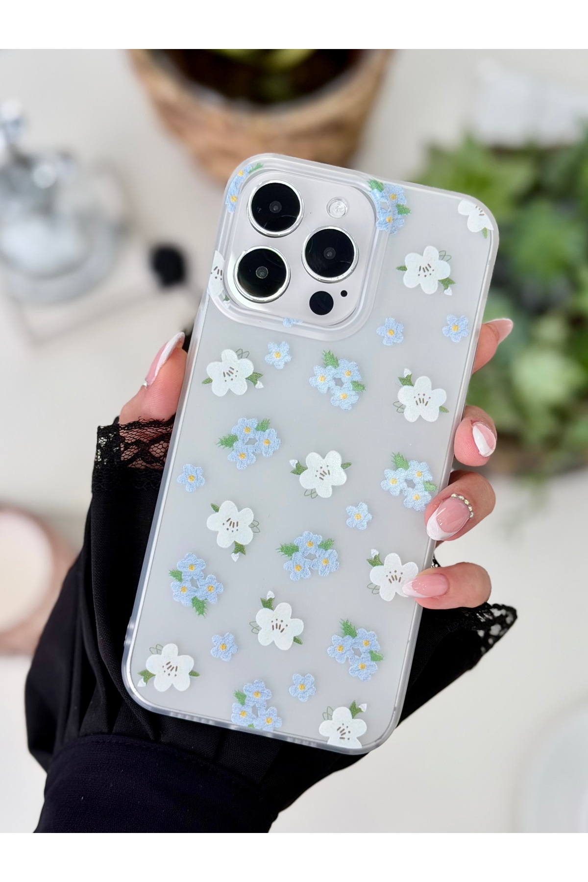 Iphone 16 Promax Compatible Matte Print BLUE WHITE FLOWER Fingerprint Free Transparent Case