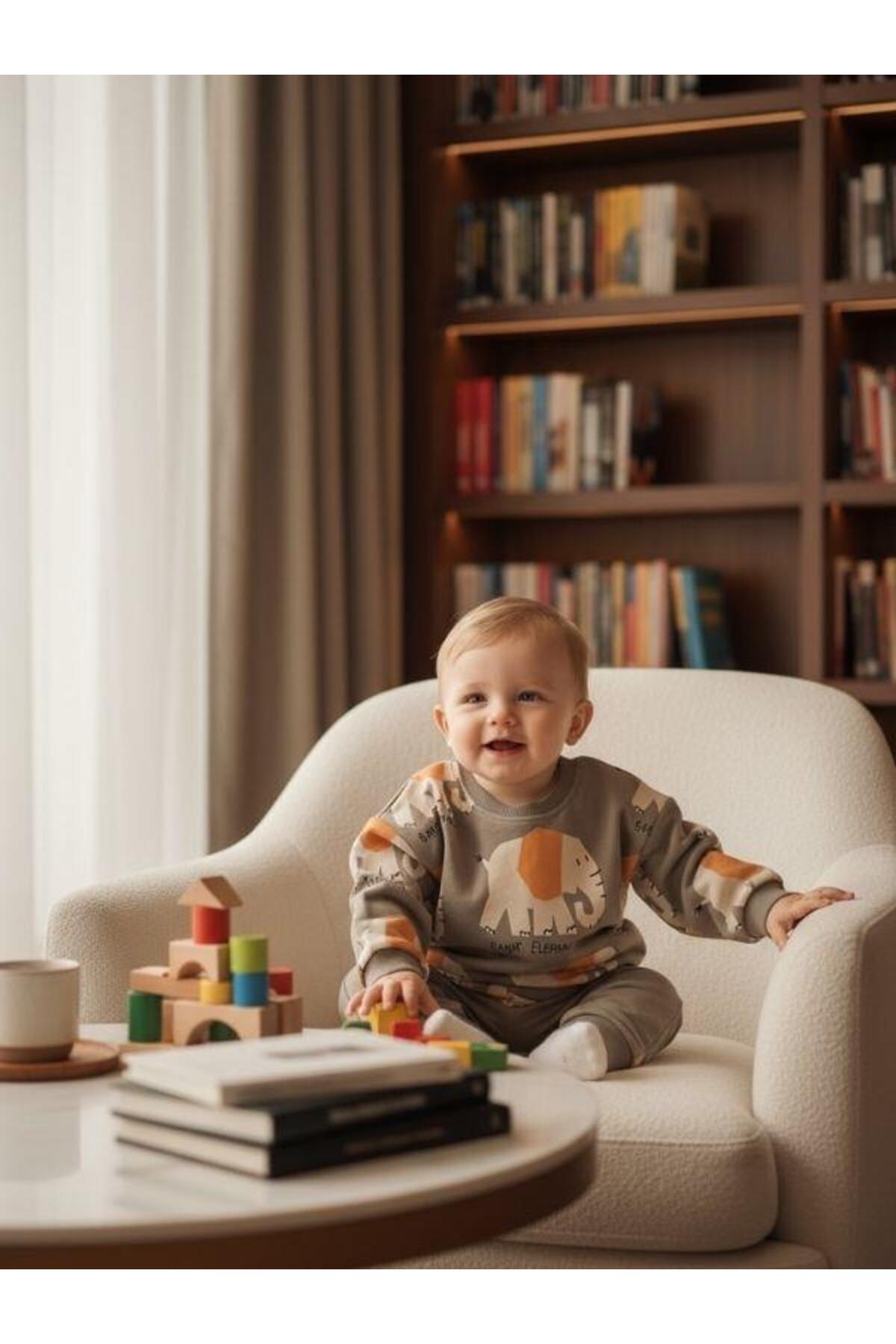 Zekids Erkek Bebek yumuşak Dokulu Fil Desenli Sweatshirt fotoğrafı 5 (önizleme)