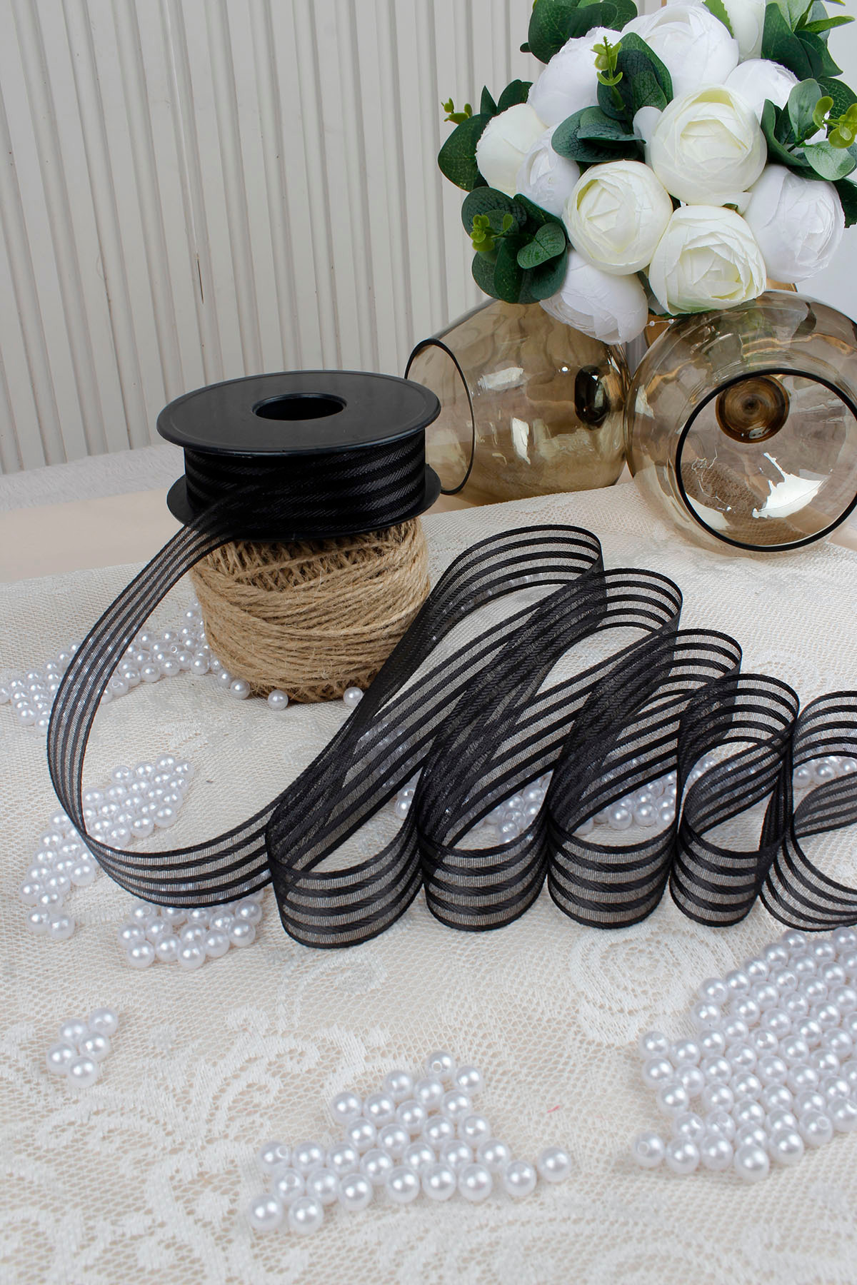 Black Hilton Striped Chiffon Ribbon 2.5 cm 20 mt - Bundle, Wedding, Engagement, Dowry, Gift, Ornament, Party