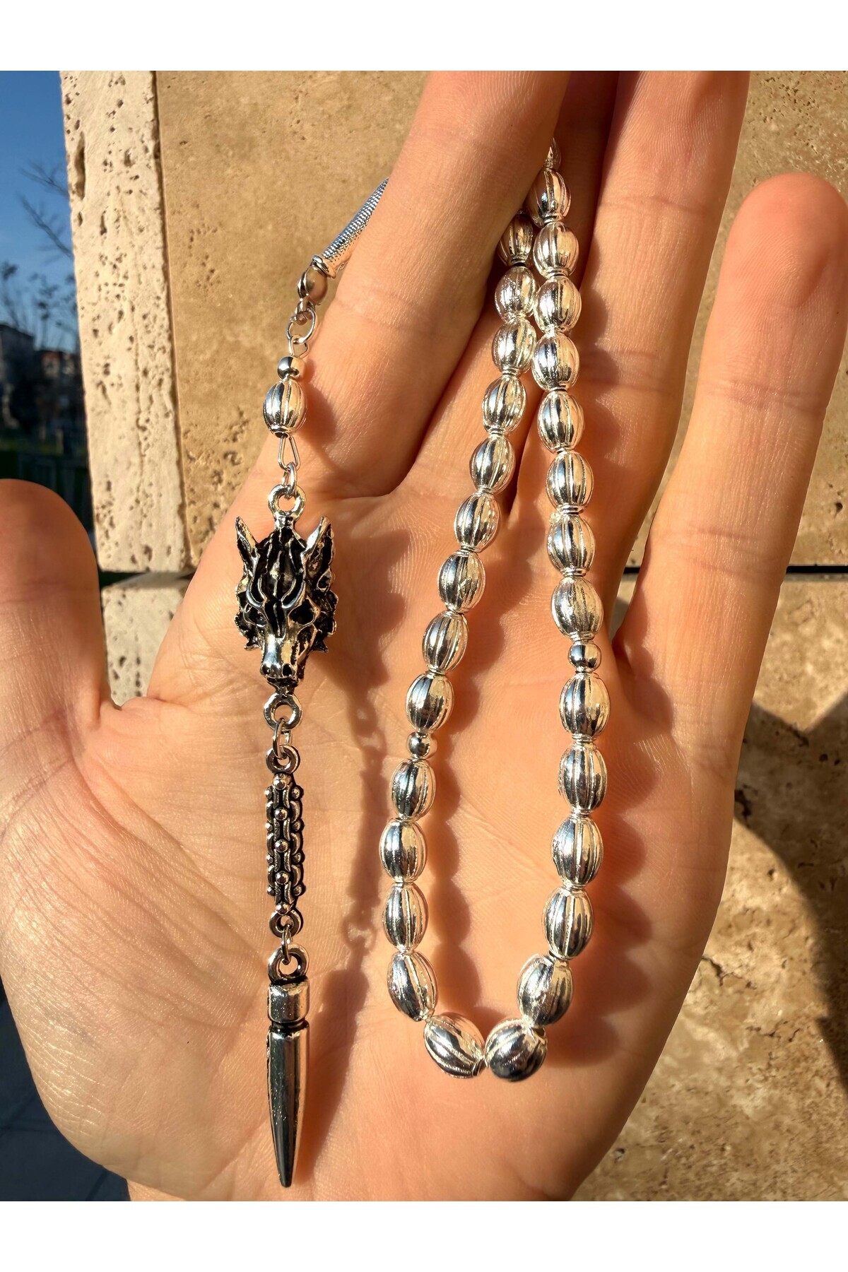 Special Series Wolf And Bullet Tassel Wrist Length Silver Plated Rosary