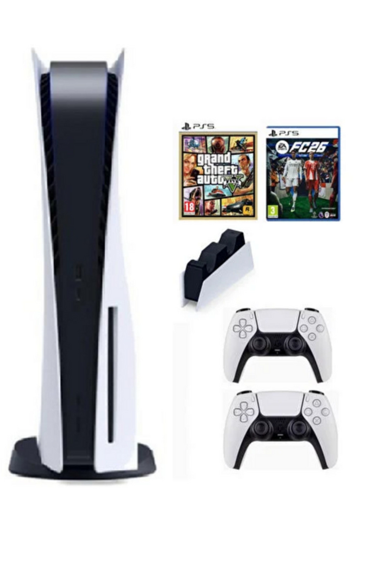 Sony Playstation 5 Standart Cdli + 2. Kol Dualsense + Ps5 FC26 + PS5 GTA V + Şarj istasyonu