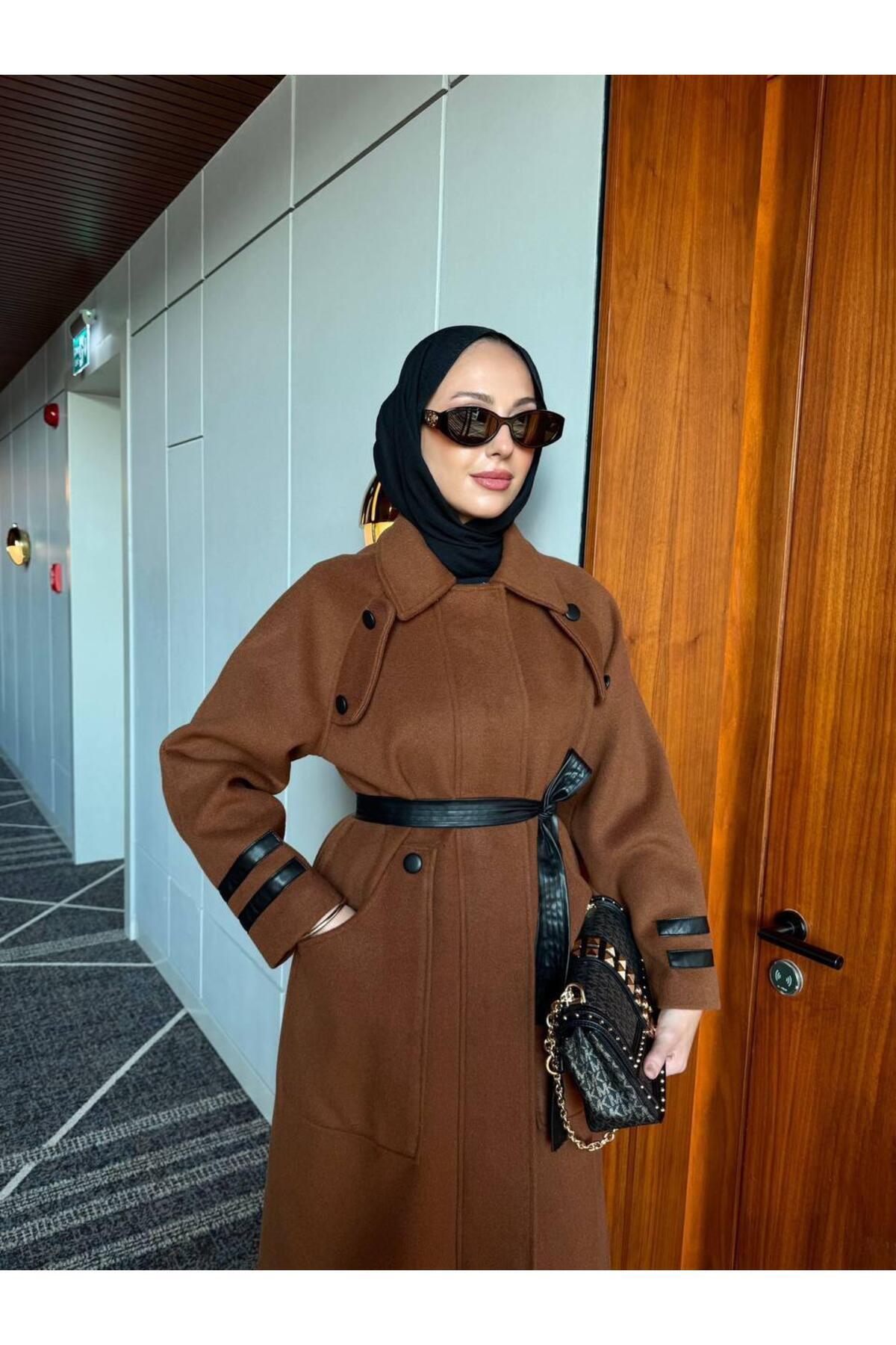 NHMODA kemerli kaşe kumaş astarlı palto