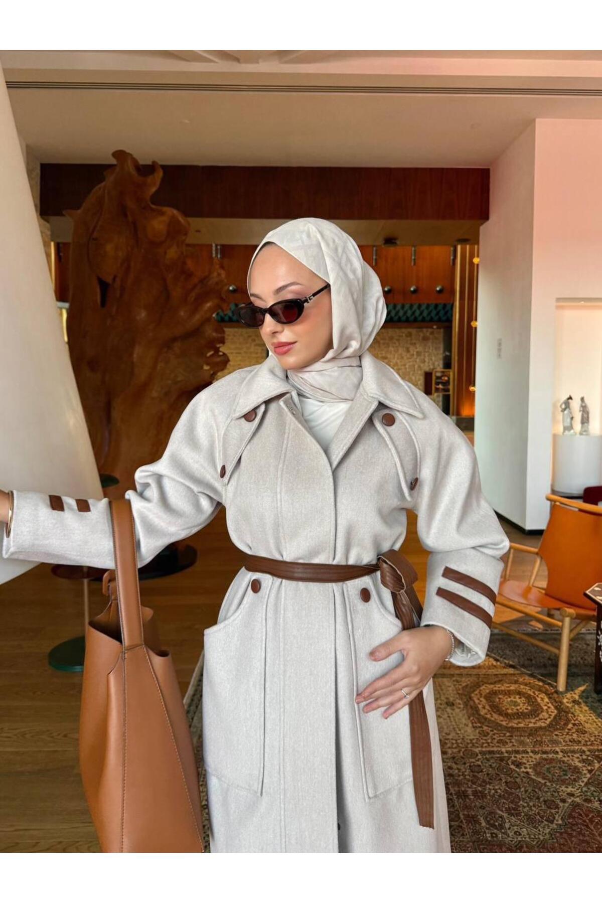 NHMODA kemerli kaşe kumaş astarlı palto