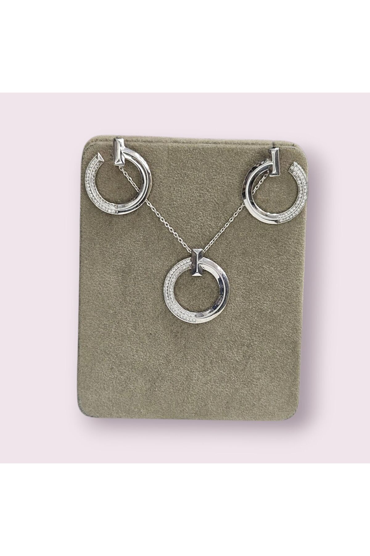 Sln Gümüş Daire Form Zirkon Taşlı Şık Gümüş Kolye - Küpe Takım