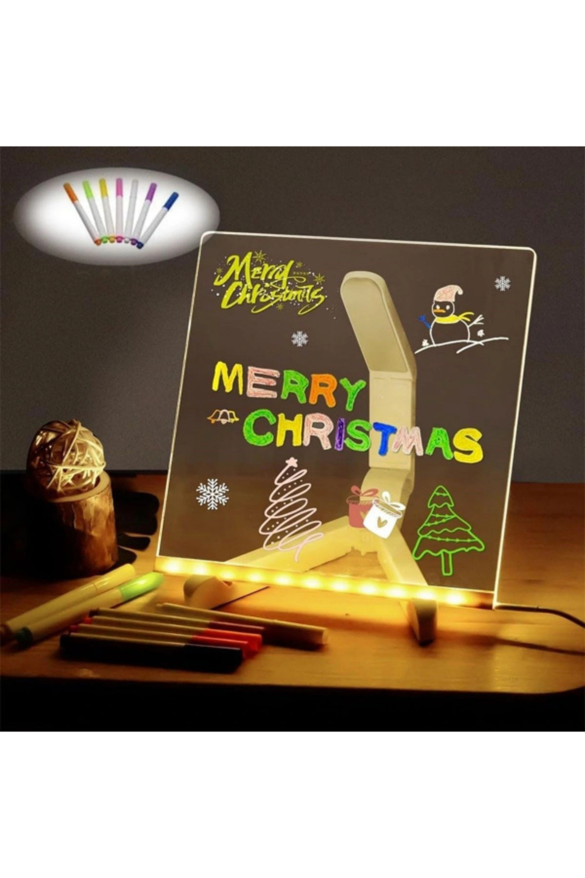 Go İthalat LED Işıklı Kendiliğinden Renkli Fosforlu Kalemli Kare Yazı Panosu 20x20 cm (5324)